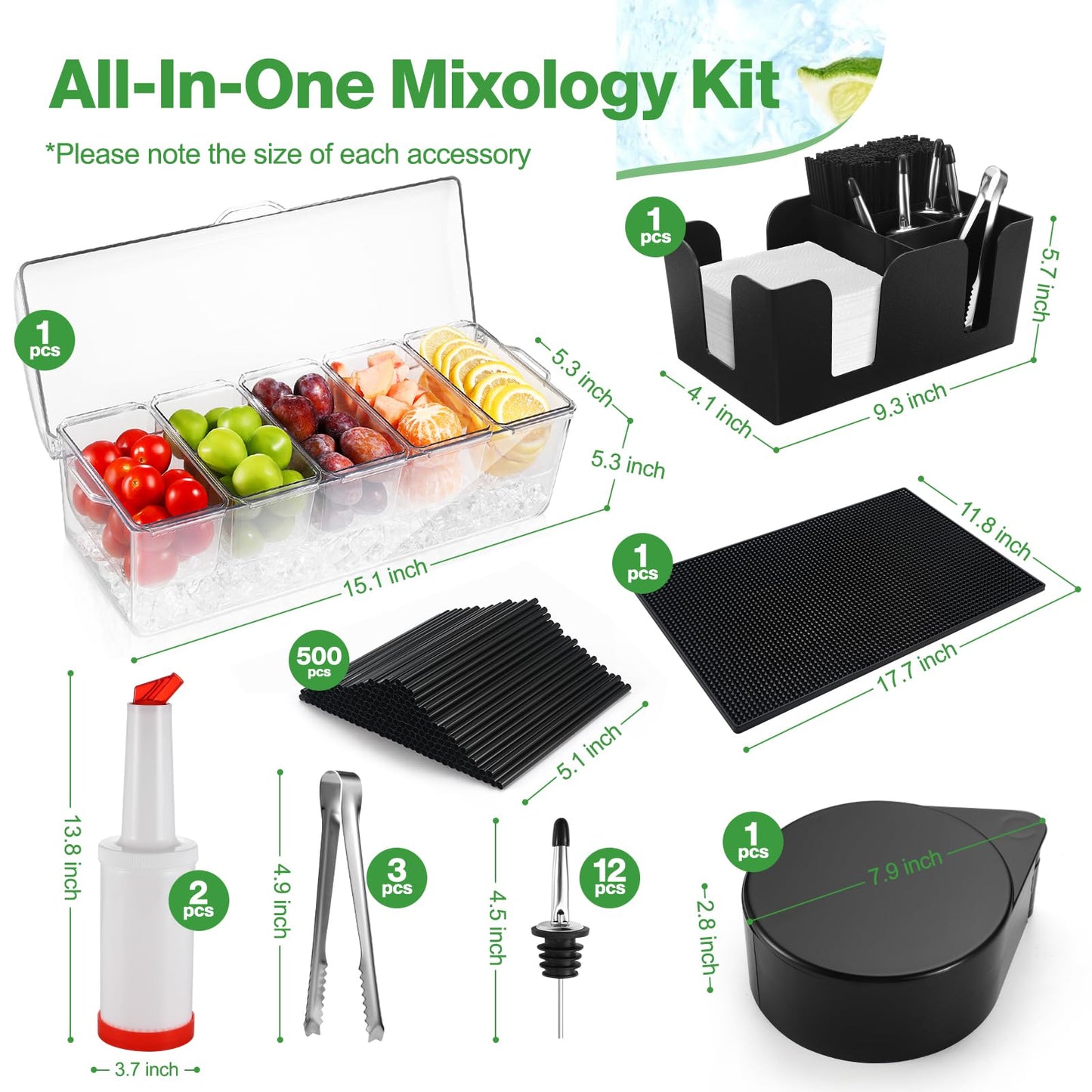 Bartending Supplies - 18" x 12" Bar Mat Garnish Tray with Lid Bar Caddy 3 Tier Bar Glass Rimmer, 2 Plastic Juice Pour Bottles 3 Mini Tongs 12 Classic Liquor Bottle Pourers 500 Cocktail Straws(Clear)