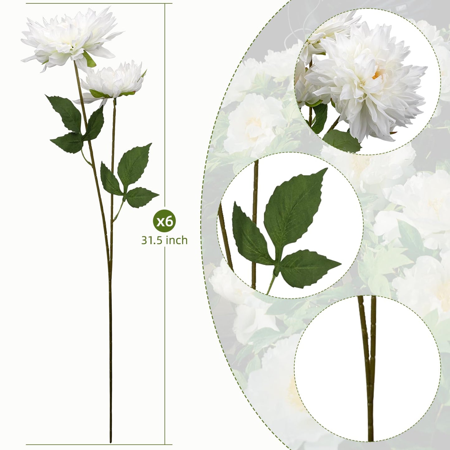 OBDXZHC 6 Pcs 31.5 inch Artificial Dahlia Long Stem White Silk Dahlia Flowers Faux Flower for Indoor Outdoor Kitchen Garden Party Home Wedding Floral Arrangement Decoration (White)