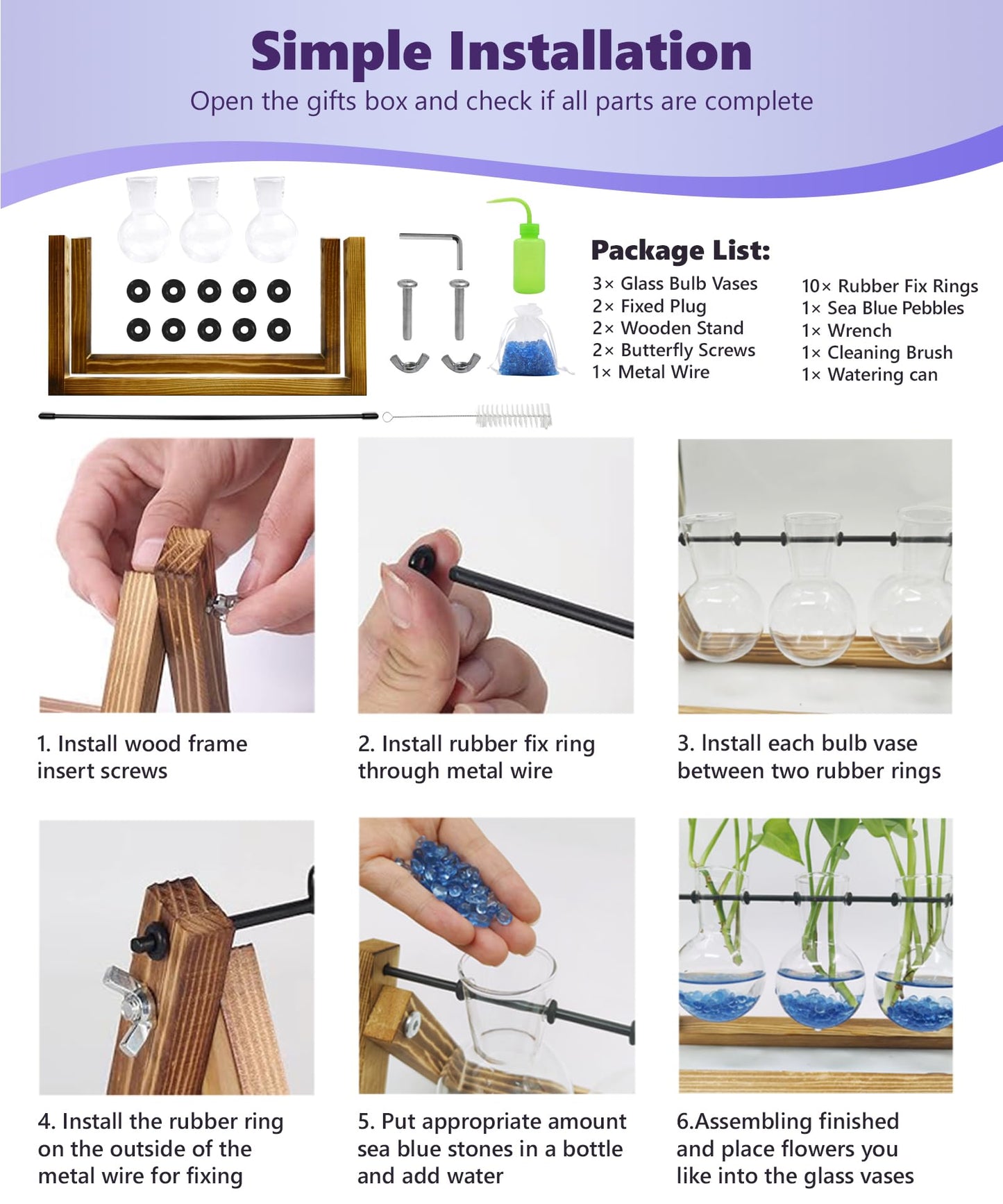 Nacome Plant Terrarium for Office Decor: Wooden Stand Tabletop Planter 3 Bulb Glass Vase Metal Swivel Holder for Hydroponics Indoor Home - Birthday Gifts for Women Mom Grandma