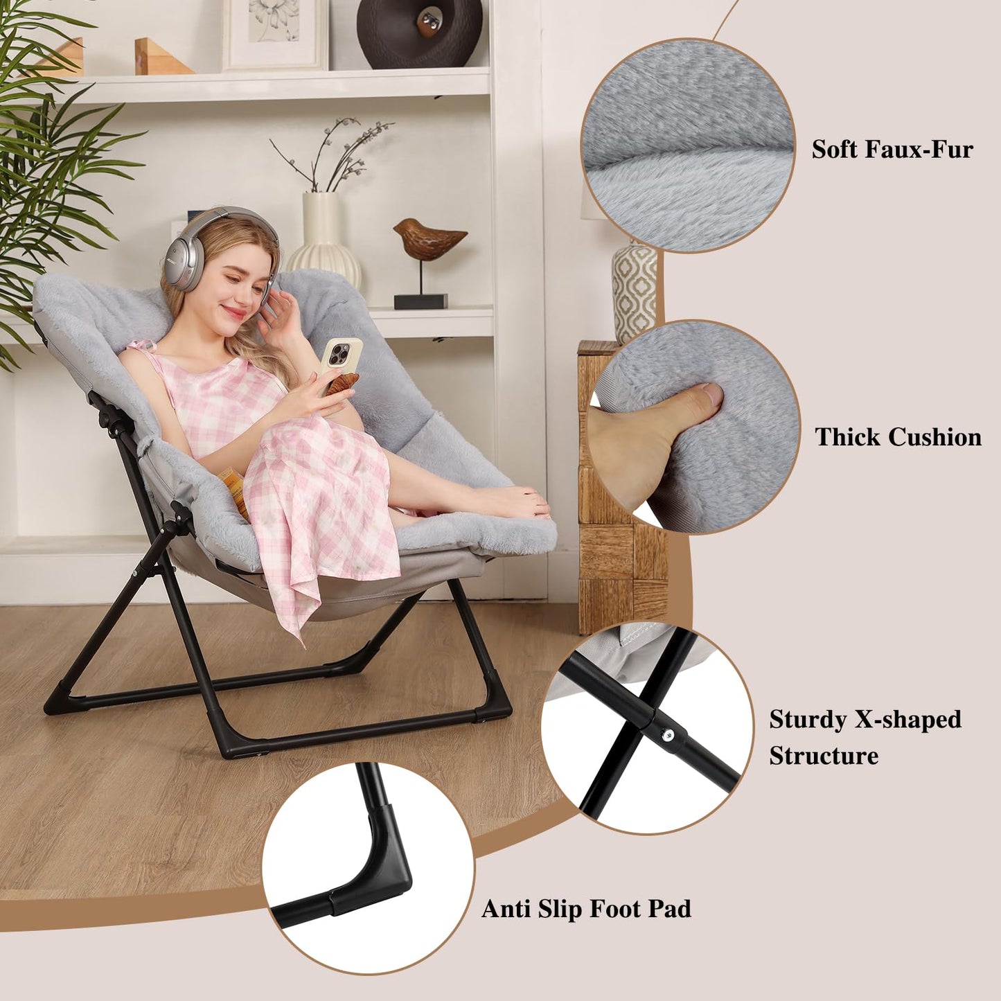Mordchil HF Folding Saucer Chair, Comfy Faux-Fur Reading Chair, Foldable Accent Chair for Teens, Adults, Oversized Lazy Chair, Large Lounge Chair for Living Room, Bedroom, Dorm, Grey