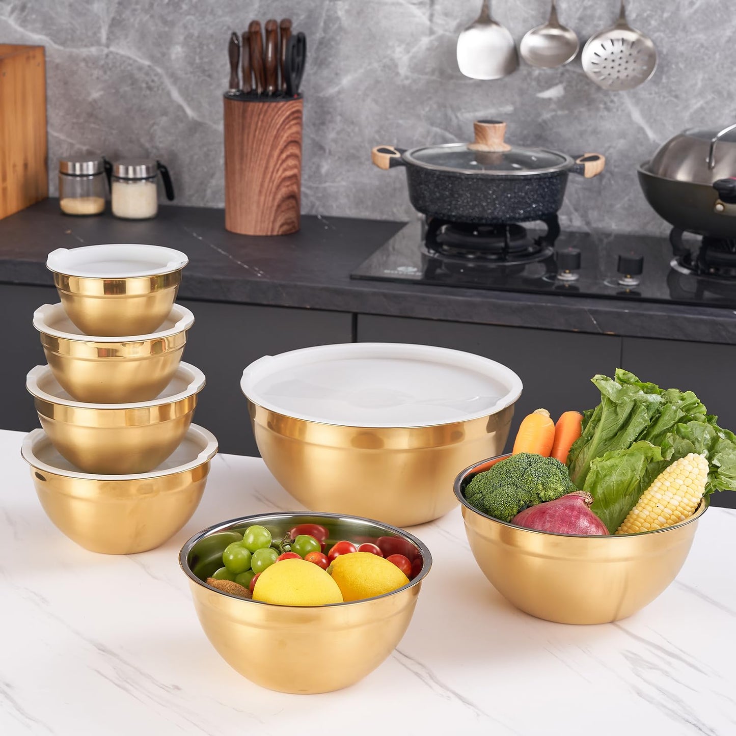 Moxinox Gold Mixing Bowls with Airtight Lids, Stainless Steel Nesting Mixing Bowls Set of 7, Ideal for Baking, Prepping and Serving Food, Size 7, 3.6, 2.7, 2.1, 1.5, 1.1,0.8 QT, Stackable Design