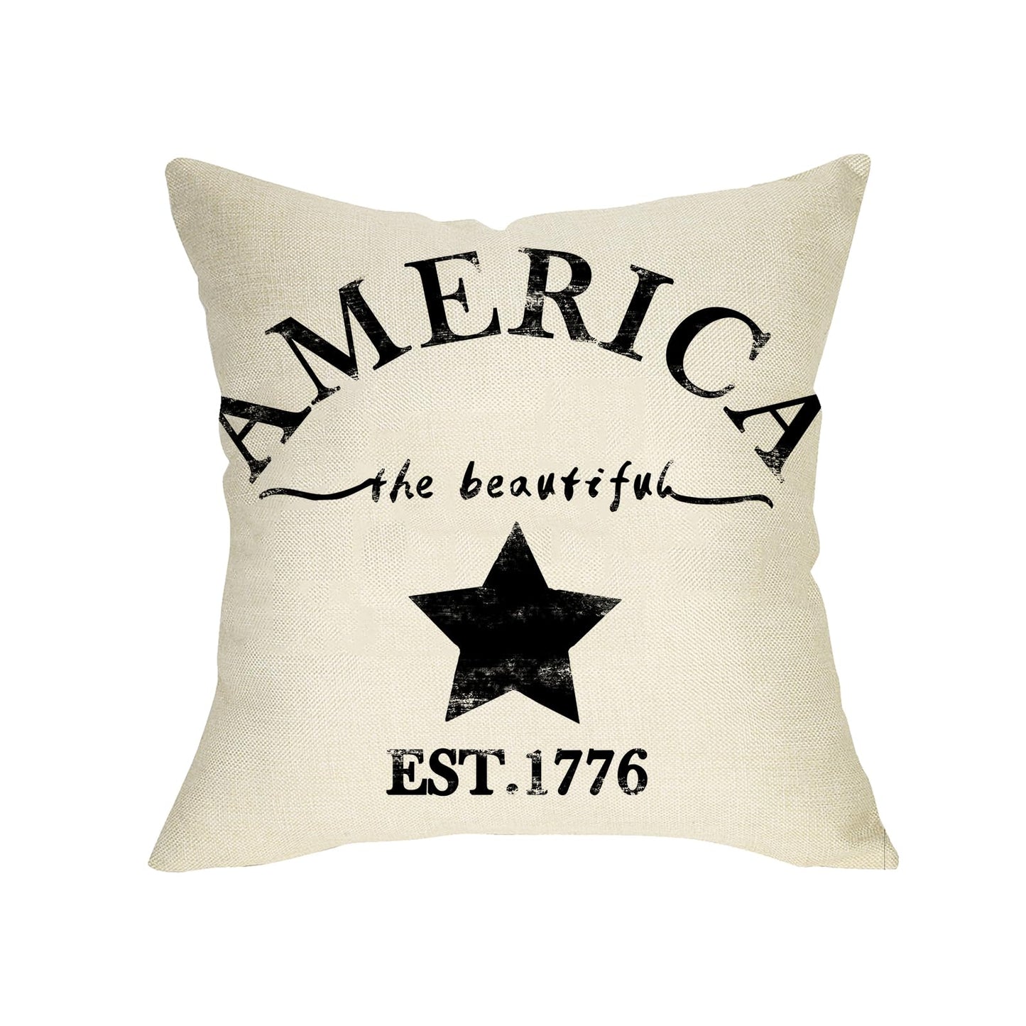 Fjfz July 4th Farmhouse Decorative Throw Pillow Cover America Est. 1776 Patriotic Sign Decoration Rustic Home Decor Cotton Linen Cushion Case for Sofa Couch, 18" x 18"