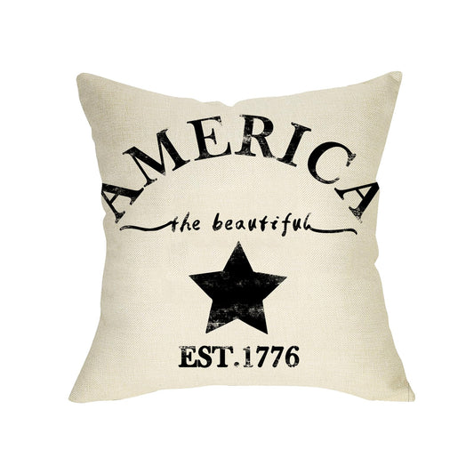 Fjfz July 4th Farmhouse Decorative Throw Pillow Cover America Est. 1776 Patriotic Sign Decoration Rustic Home Decor Cotton Linen Cushion Case for Sofa Couch, 18" x 18"