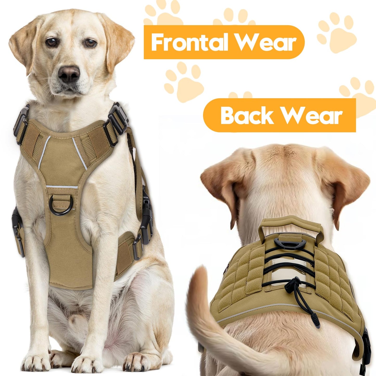 Heavy-Duty Tactical Dog Harness for Large Dogs, No Pull Adjustable Reflective Pet Vest with Molle System, K9 Military-Grade Control for Service Training, Outdoor & 10+ Breeds, Khaki, Large