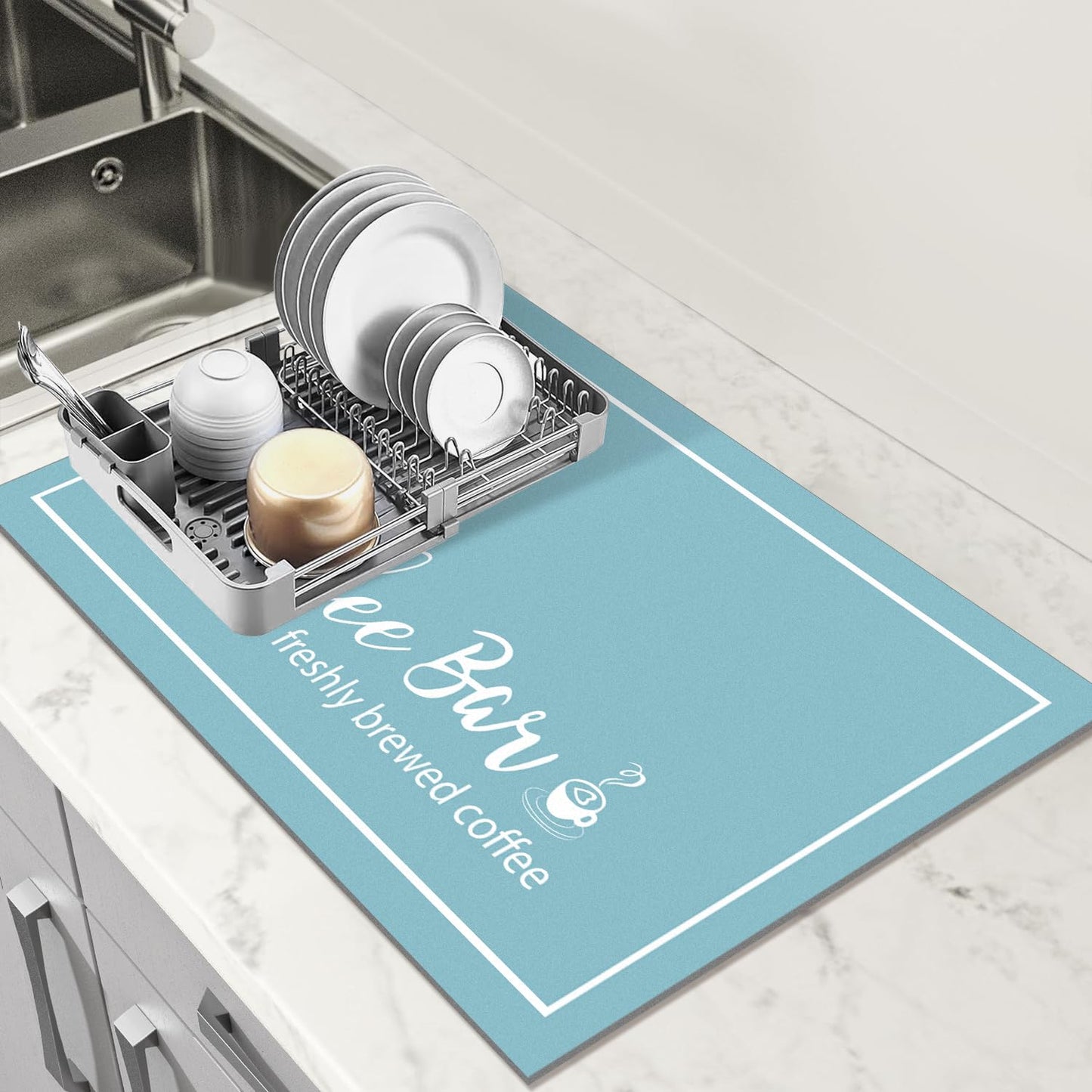 Findosom 12"x 20" Dish Drying Mat, Super Absorbent & Cuttable Coffee Mat, Hide Stain Draining Mat for Kitchen Counter Coffee Bar Accessories, Blue