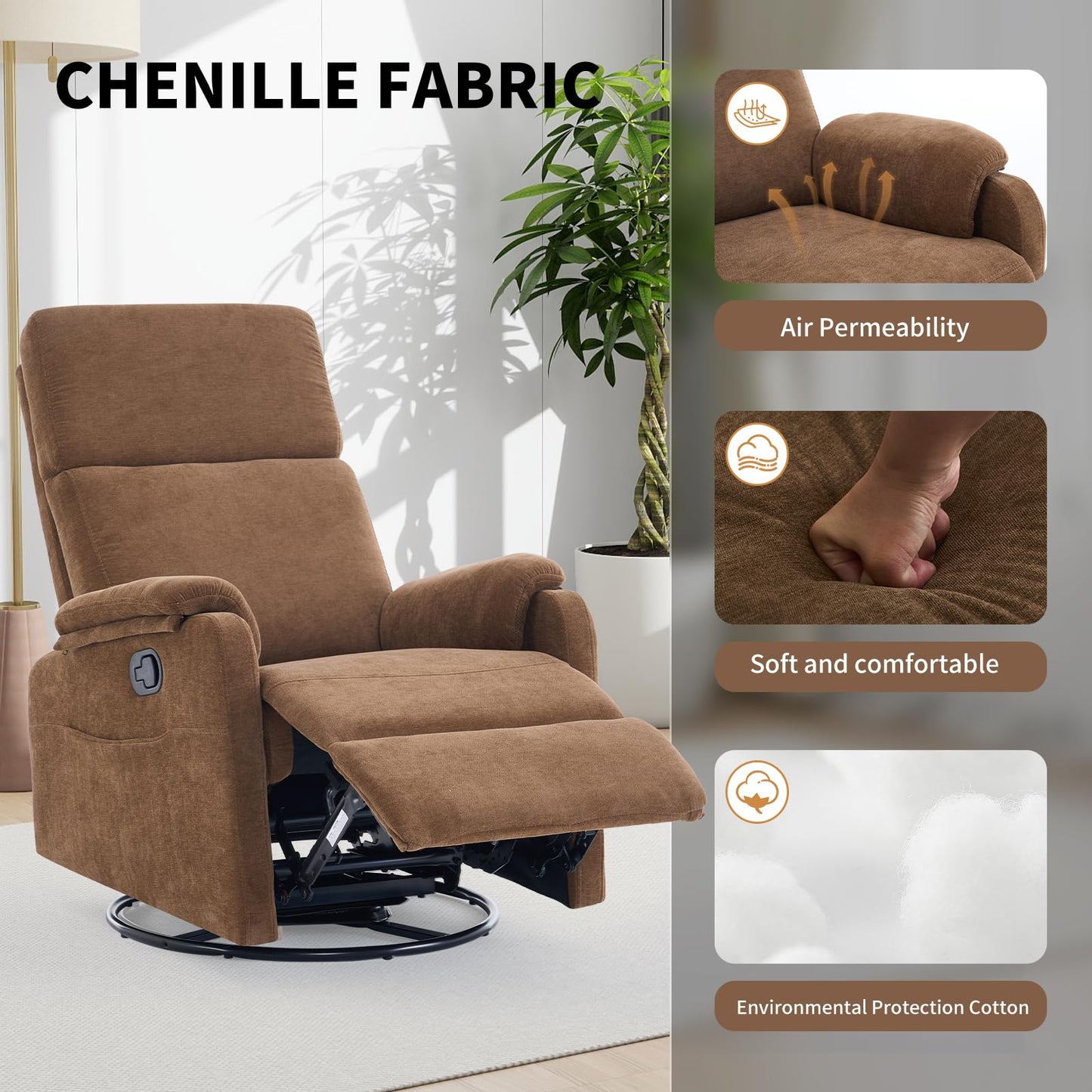 Recliner Chair, 360 Swivel Rocker Chair for Adults, Small Rocking Recliner Chair for Small Spaces, Upholstered Fabric Glider Recliner Nursery with Side Pockets for Living Room, Fabric Brown