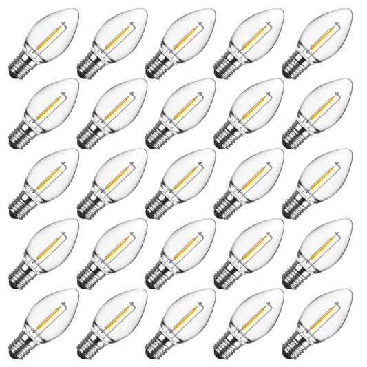 Meconard C7 LED Replacement Christmas Light Bulbs, C7 Shatterproof LED Bulbs for Christmas Indoor Outdoor String Lights, E12 Candelabra Base, Commercial Grade Holiday Bulbs, Warm White, 25 Pack