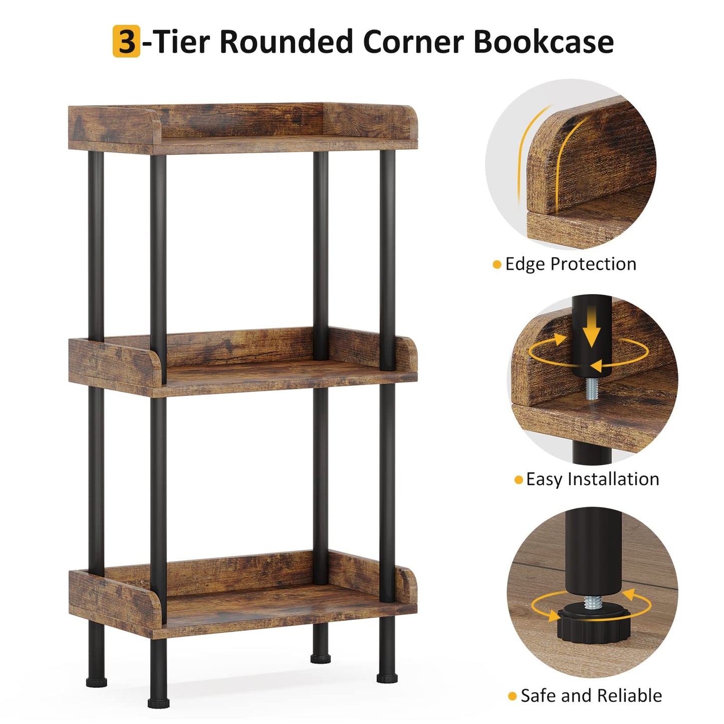 Hosfais Bookshelf Small Book Shelf, 3 Tier Wood Bookcase Industrial Bookshelf Metal Standing Book Shelves Display Book Rack for Living Room Bedroom Home Office (Rustic Brown)