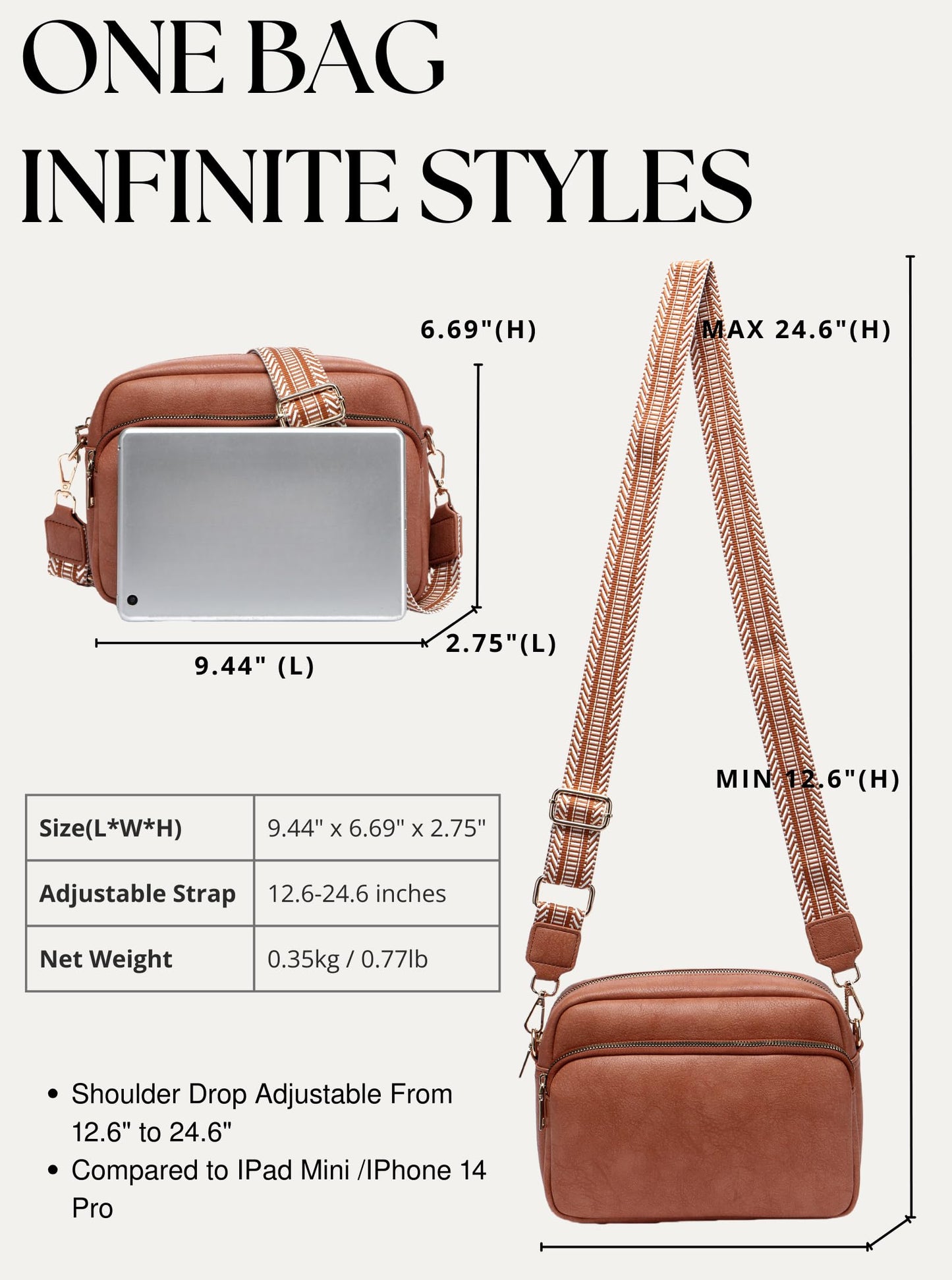 Botimmy Crossbody Bags for Women, Small Cross Body Purse Vegan Leather Triple Zip Shoulder Handbag with Adjustable Wide Strap Brown
