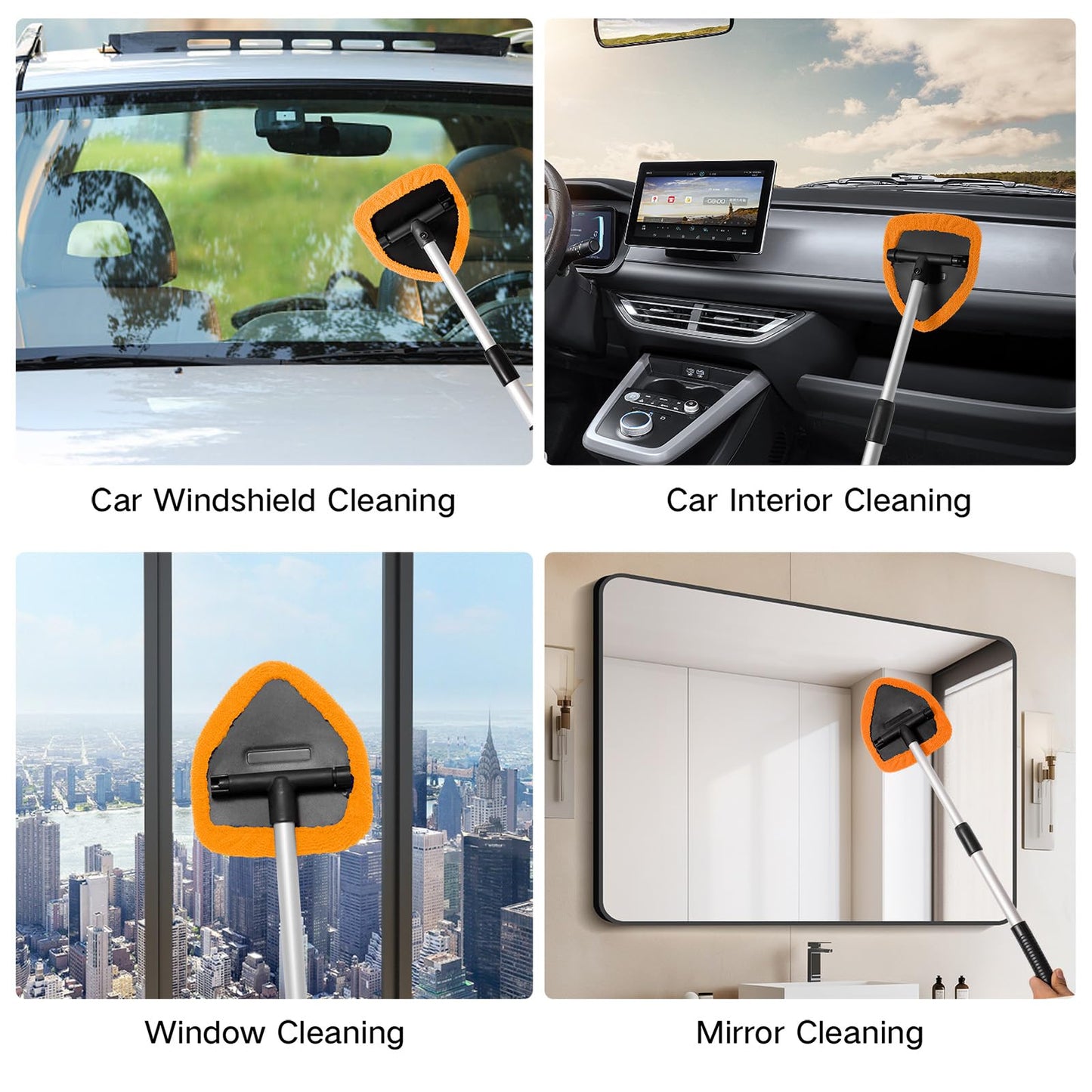 Qydipclin 10pcs Windshield Cleaner Tool, Car Window Cleaning Wash Kit with 4 Reusable Microfiber Pads 1 Spray Bottle and Extendable Handle Auto Glass Wiper Kit, Orange