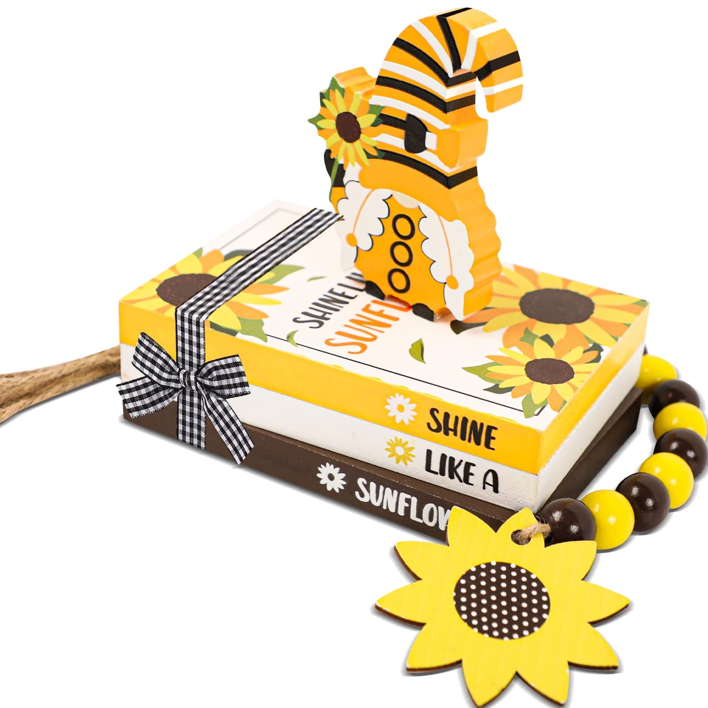 5 Pieces Sunflower Tiered Tray Decor Summer Wood Table Sign Rustic Book Stack with Gnome Wood Bead Tassels Summer Wooden Tabletop Centerpiece Shelf Decoration for Farmhouse Decor