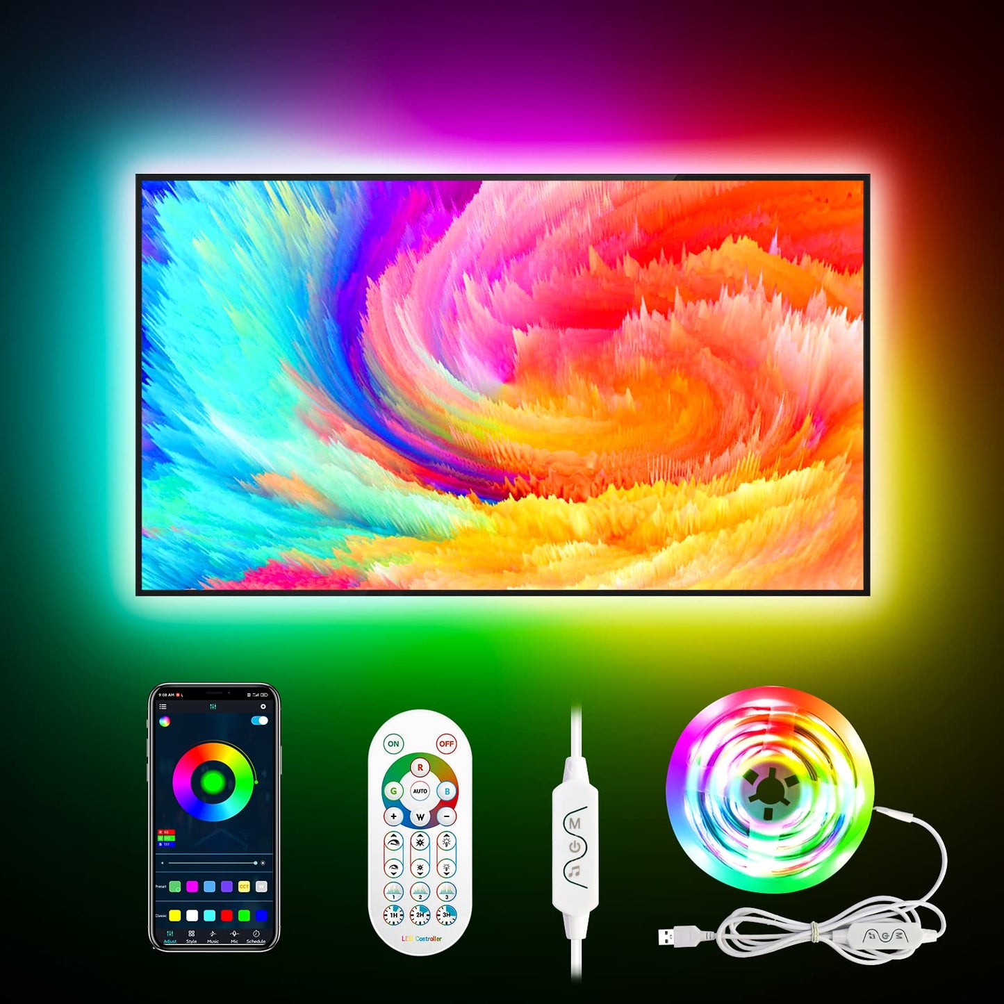 Daymeet LED Lights for TV, 9.8FT TV Led Backlight Behind Lights for 32-60inch USB Led Light Strip Glow RGBICW Color Changing Sync with Music Bluetooth APP Control Led Lighting for Bedroom