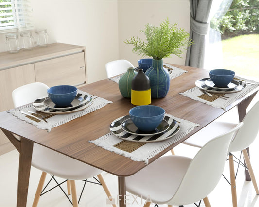 FEXIA Boho Placemats Set of 4, Macrame Table Decor Farmhouse Style Placemats in Natural Cotton Burlap, for Kitchen and Dining Table Centerpiece Home Decorations