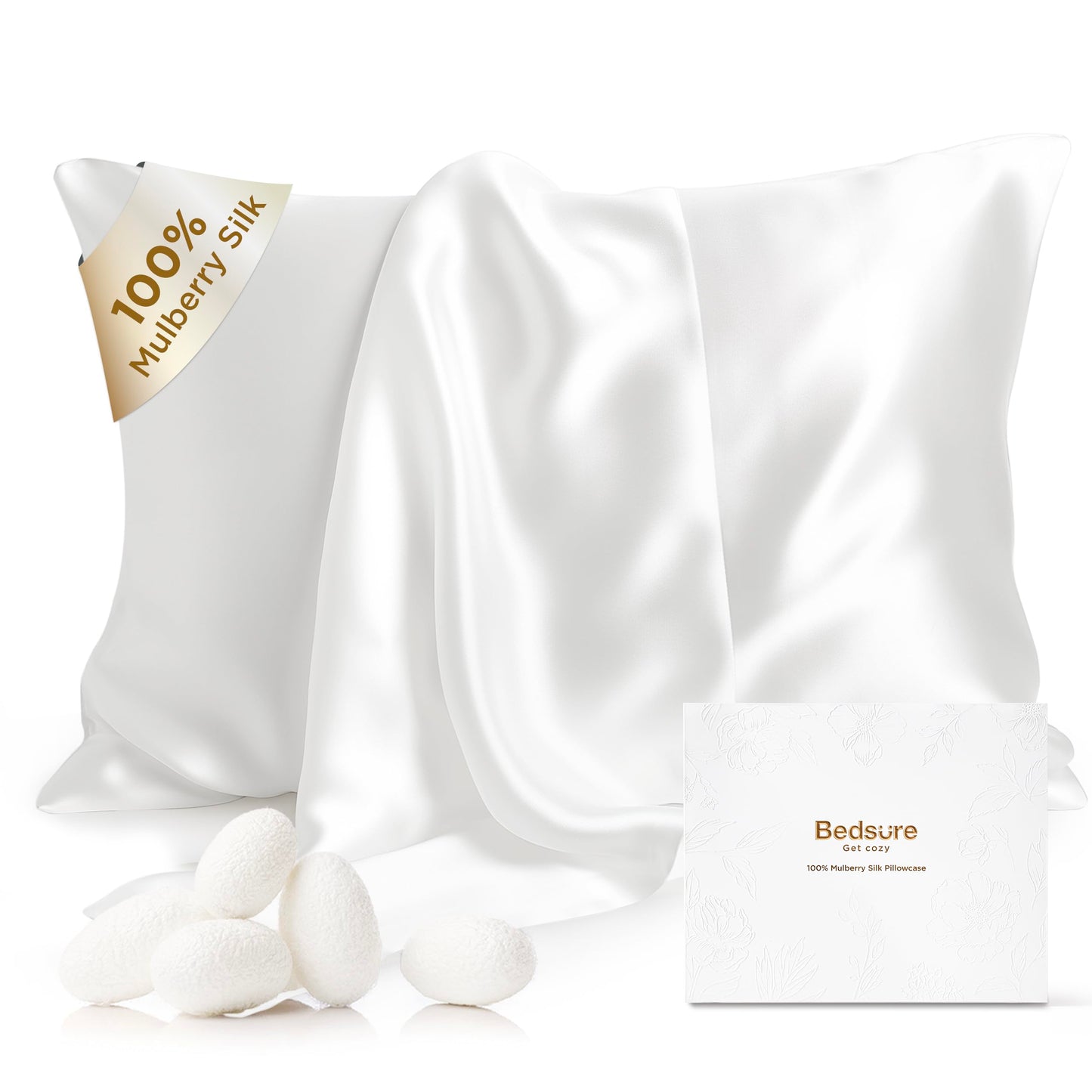 Bedsure 100% Pure Mulberry Silk Pillowcase for Hair and Skin, White Silk Pillow Case with Hidden Zipper, Cooling Pillow Cases Gifts for Women Men,1pc,Queen Size,20x30 Inches