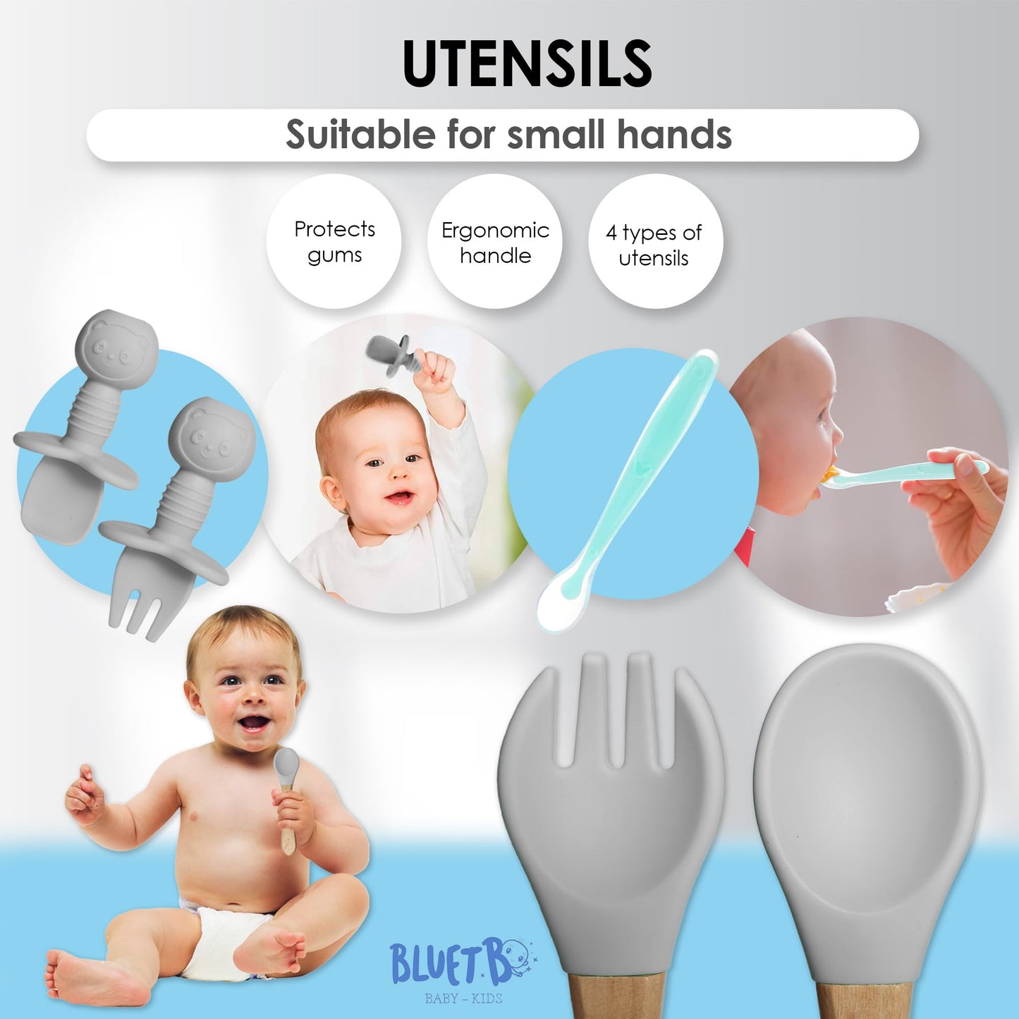 Bluet B- Silicone Baby Feeding Set with Pacifier - Baby Led Weaning Supplies - Baby Spoons, Suction Bowl - Plate - Baby Utensils Set - Silicone Feeding Set for Baby First Foods - 11pcs - Gray
