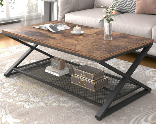 LVB Rustic Coffee Table with Storage, Industrial Wood Metal 2 Tier Center Living Room Table with Mesh Shelf, Farmhouse Wooden Low Rectangle Cocktail Tea Table for Office Bedroom, 47 inch, Rustic Brown