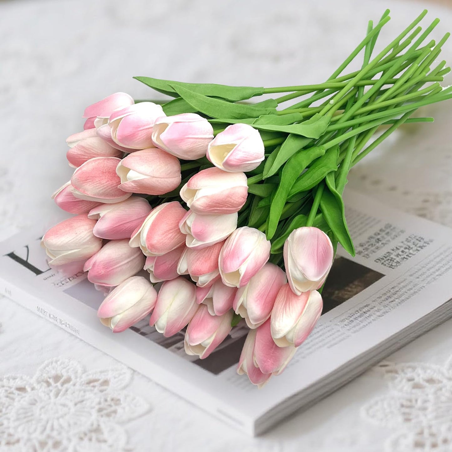 Carfoeny 16pcs Tulips Artificial Flowers Faux Tulip Bulbs Real Touch Bouquet Fake Pink Silk Tulips Floral Arrangement for Wedding Mothers Day Halloween Home Indoor Outdoors Tables Vase Planters Decor