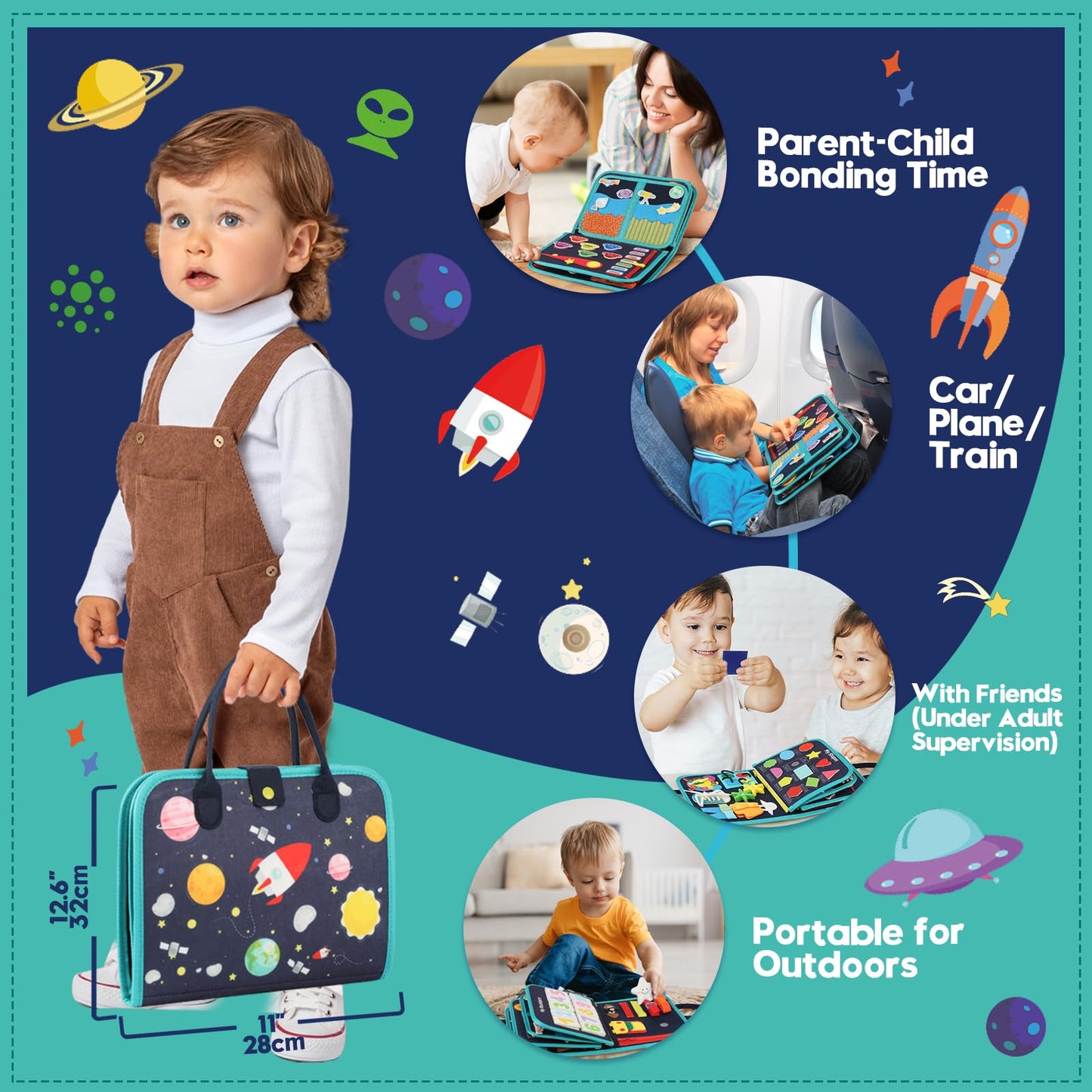Toddler Sensory Busy Board: Travel Toy Activity Book for Girls Boys, Motor Skill Development Gift for Baby Aged 3-4 Years, Fine Educational Preschool Montessori Learning Toy for Car Airplane Space