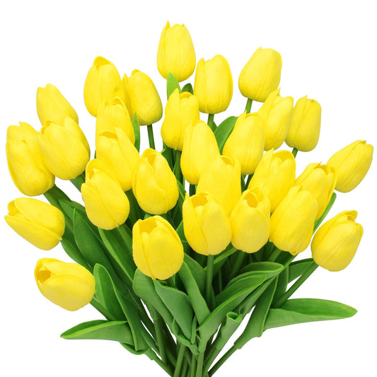 28pcs Yellow Flowers Artificial Tulip Stems Real Feel PU Tulips for Easter Spring Wreath Wedding Bouquet Centerpiece Floral Arrangement Cemetery Table Décor 13" Tall
