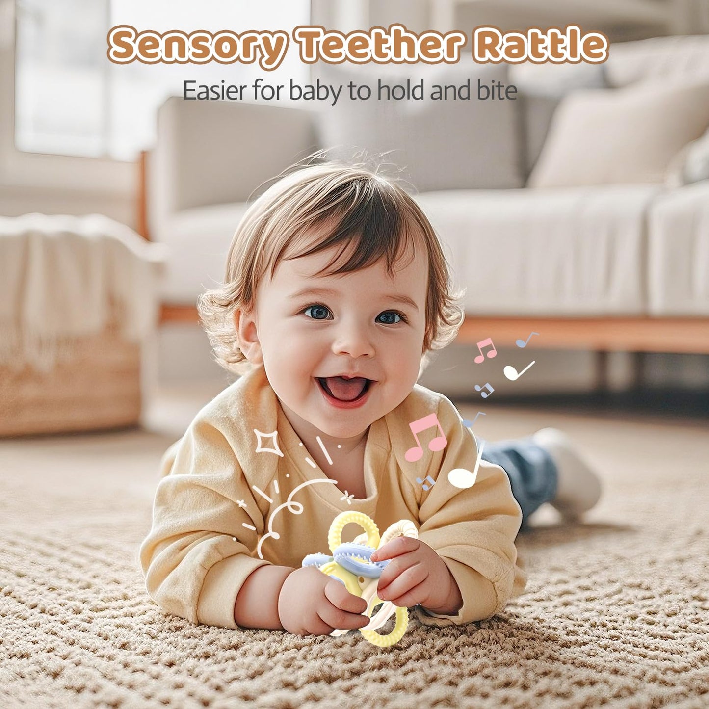 Yaozyety Baby Teething Toys 3 in 1 Silicone Teethers - BPA Free Food Grade Silicone Teething Ring Rattle Toys for Babies 3-6 Months 6-12 Months, Soft & Easy Hold, Baby Chew Toy for Toddlers (Yellow)