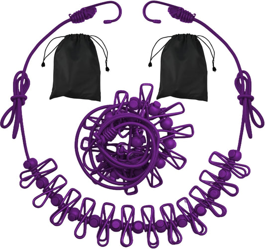 2 Pack Camping Clothesline Portable 12 Clothespins, Black Camping Accessories Travel Clothesline for Outdoor Indoor, Retractable Clothes Line Elastic Clothesline for Camper Hotel Room