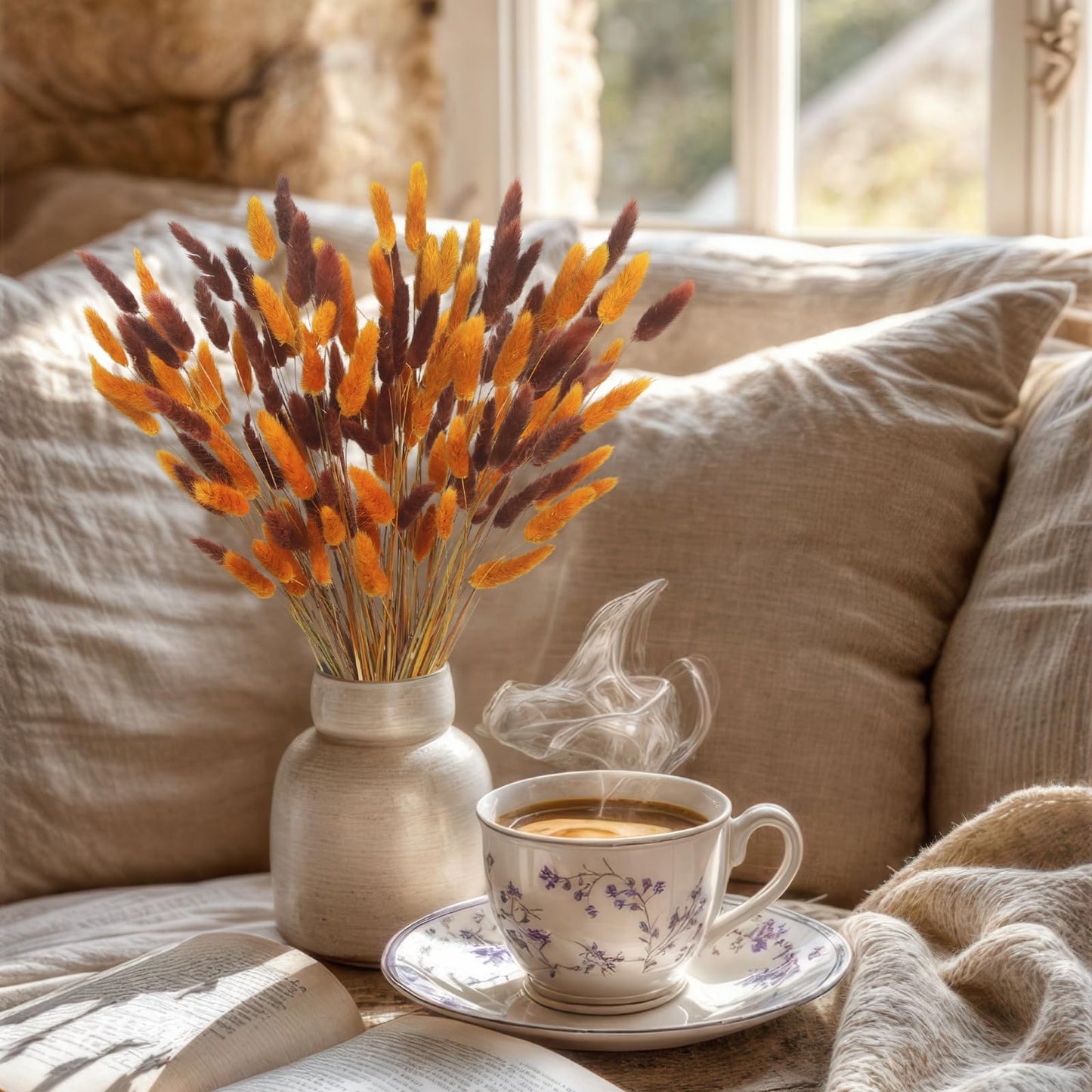 CISDUEO 120pcs Dried Bunny Tails Flowers Lagurus Ovatus Tail Dried Flowers Pampas Grass Brown and Orange 17" Natural Dried Floral Arrangement for Boho Decor Home Wedding DIY Farmhouse Table Christmas