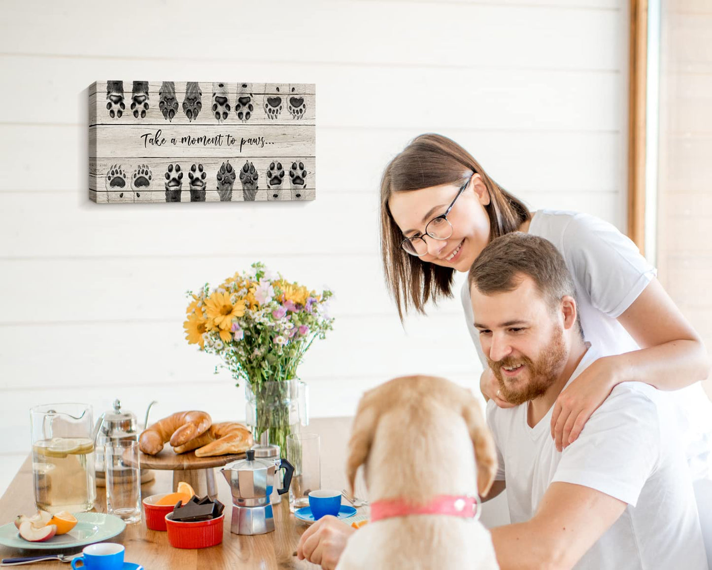 ARTINME Dog Lover Sign Wall Decor,Take A Moment to Paws Sign Pet Paw Print Artwork Footprints Canvas Wall Art,Framed Animal Prints Puppy Gifts for Front Door Home Decoration (Black)