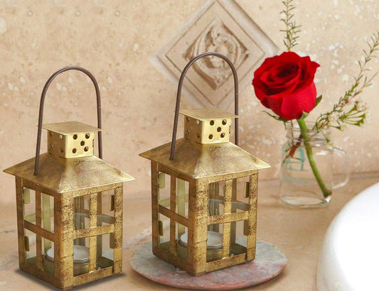 Kate Aspen Mini Decorative Lanterns, Set of 2, Vintage Distressed Metal Lantern Candle Holders for Wedding Centerpiece, Home Decor and Party Favor, Gold