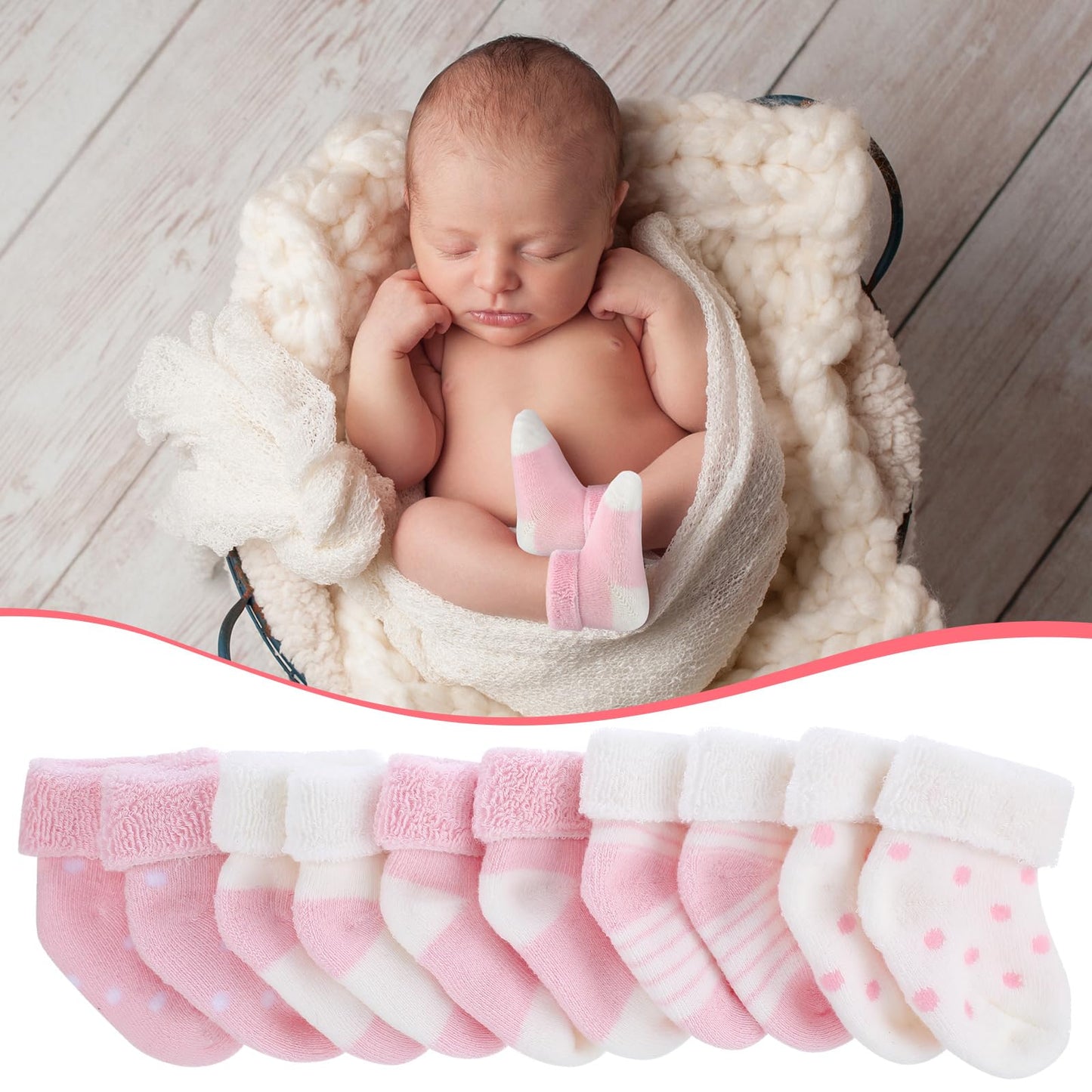Twistover 10 Pairs Preemie Baby Terry Cotton Turn Cuff Socks for Newborn Girls Boys - Nicu(Pink, White,Preemie)