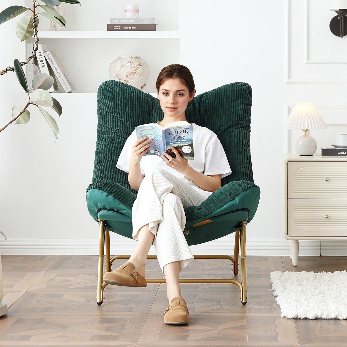 Welnow Accent Lounge Lazy Chair, Comfy Soft Leisure Metal Frame Reading Chair, Upholstered Thick Cushion Seated Recliner Sofa for Living Room, Bedroom, Dorm, Dark Green