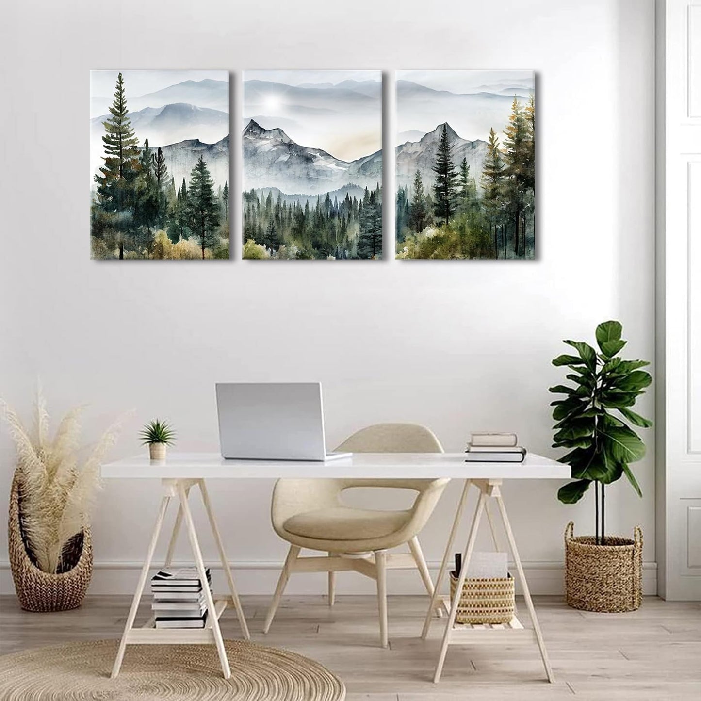 Dytila Framed Green Mountain Wall Art Set of 3, Misty Forest Pictures Wall Decor Neutral Nature Paintings Modern landscape Canvas Prints Sunrise Artwork for Living Room Office Hallway 12x16 in