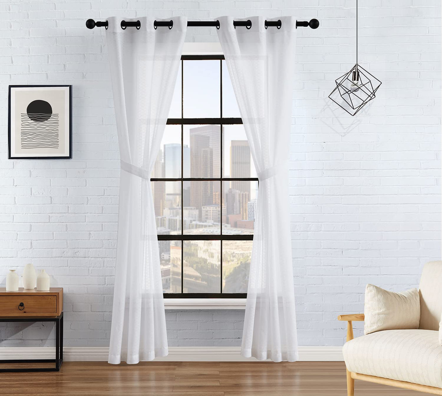 Lucky Brand Sierra Textured Light Filtering Window Curtains | Faux Linen Drapes | Set of 2 Panels | Semi Sheer | Machine Washable, 38" x 84" Pair, White