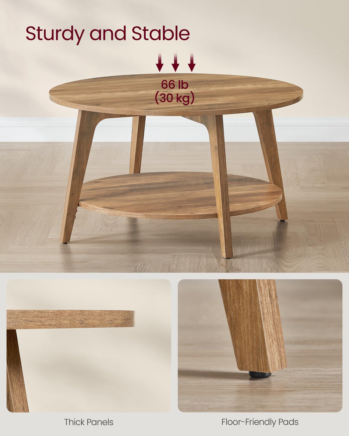 VASAGLE Round Coffee Table, 2 Tier Coffee Table with Storage, for Living Room, 31.5 x 17.7 Inches, Easy to Assemble, Honey Brown ULCT243K41