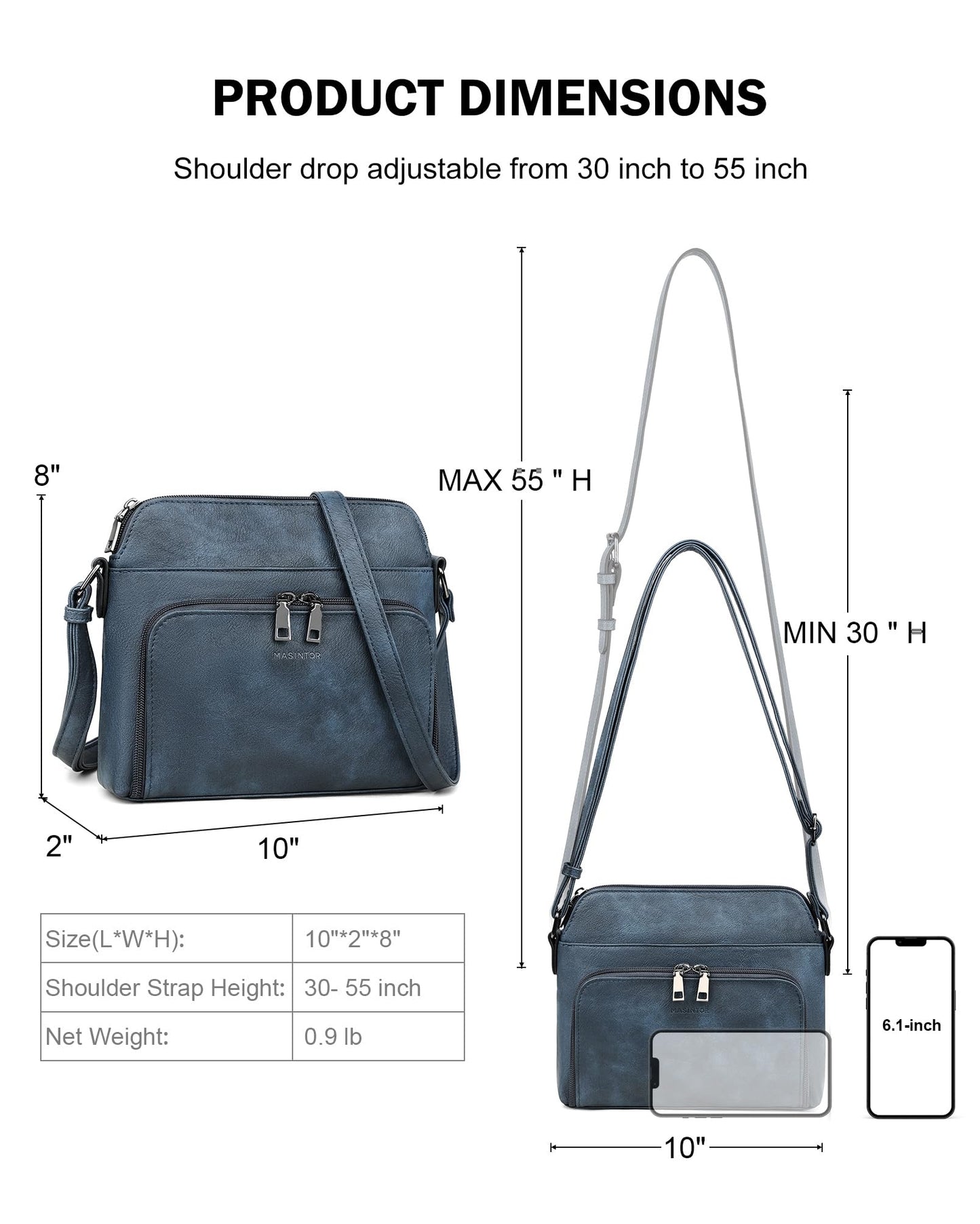 MASINTOR Crossbody Purse Bags for Women, Multi-Pocket Soft Leather Shoulder Purse, Lightweight Travel Handbag with Adjustable Strap Gray-Blue