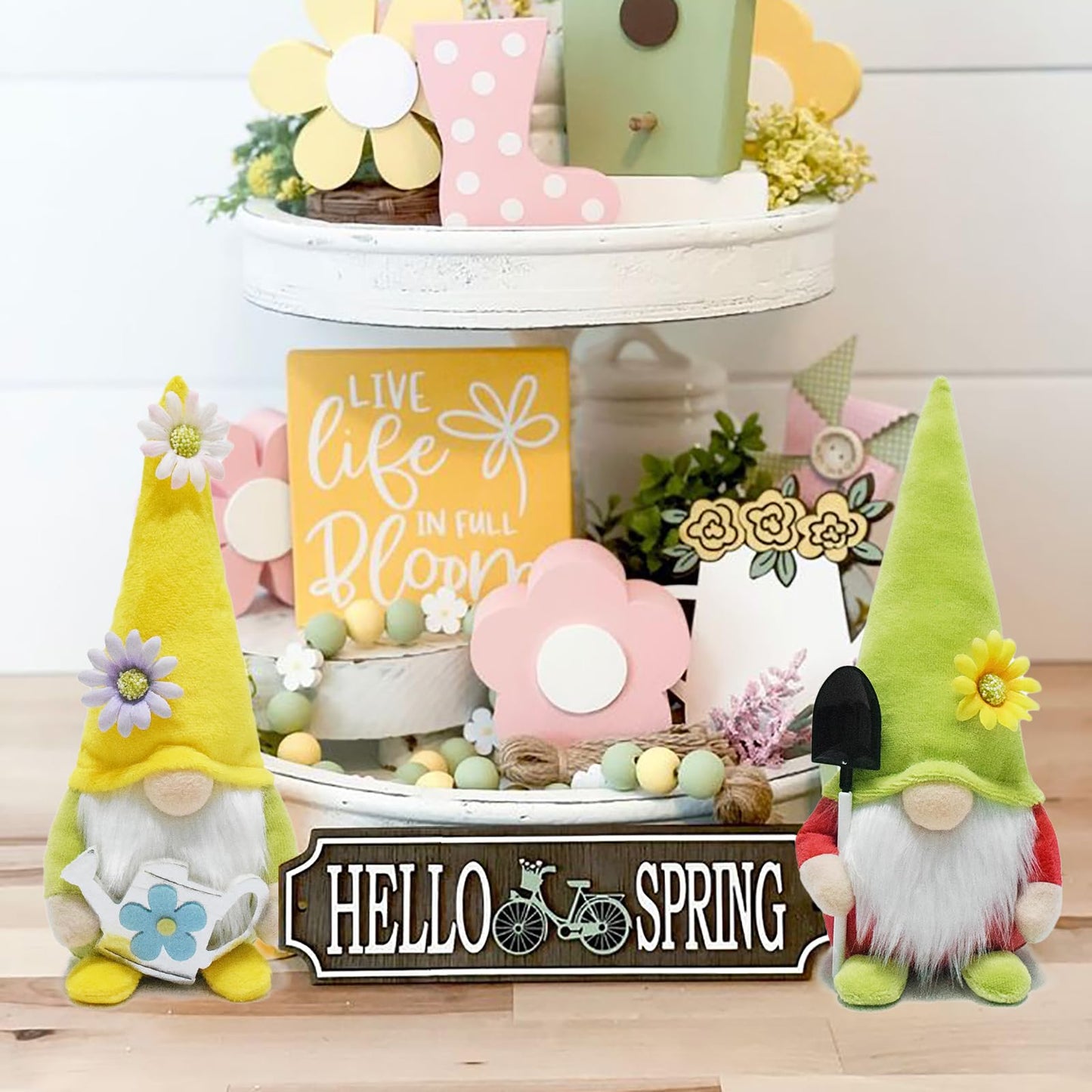 Attiigny Spring Flower Gnome Plush, Set of 3 Flower Spring Summer Gnomes Holiday Ornaments, Handmade Shelf Tiered Tray Decorations Gifts Santa Dolls for Home