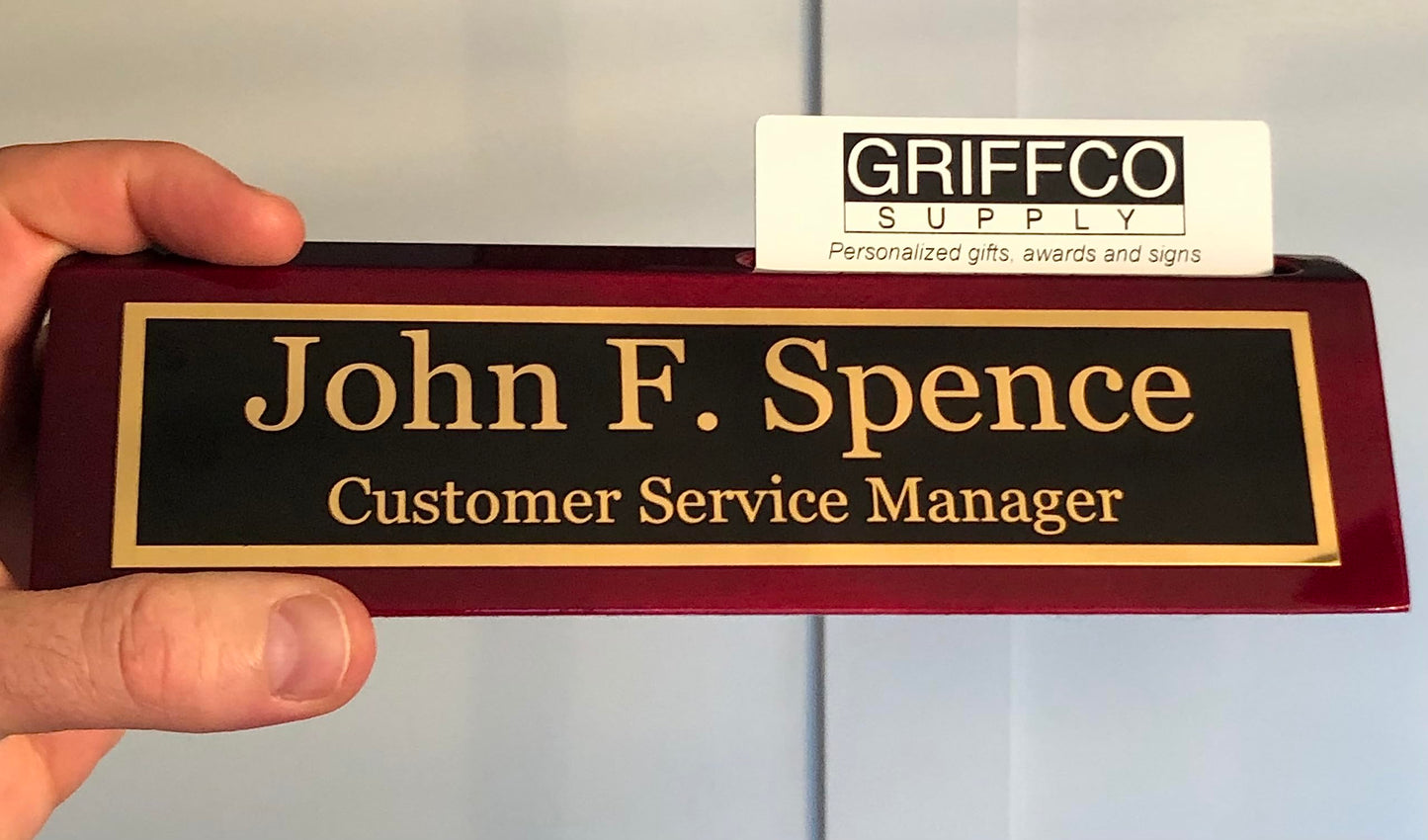 Name Plate for Desk Engraved in USA by Griffco Supply | Desk Name Plate Personalized Engraved with Business Card Holder