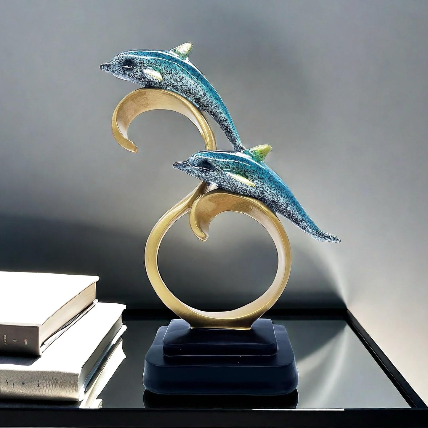 Resin Dolphin Statue Sculpture Frgurine Gift for Home Office Living Room Desktop Display Decorative Decoration (Blue)