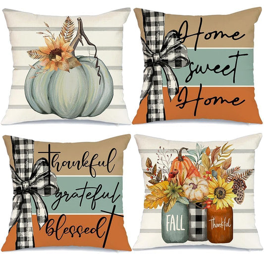 AACORS Fall Pillow Covers 18 x 18 Inch Set of 4, Pumpkin Home Sweet Home Thankful Grateful Blessed Harvest Floral Decorations Autumn Seasonal Pillow Case Decor for Sofa Couch AA275-18