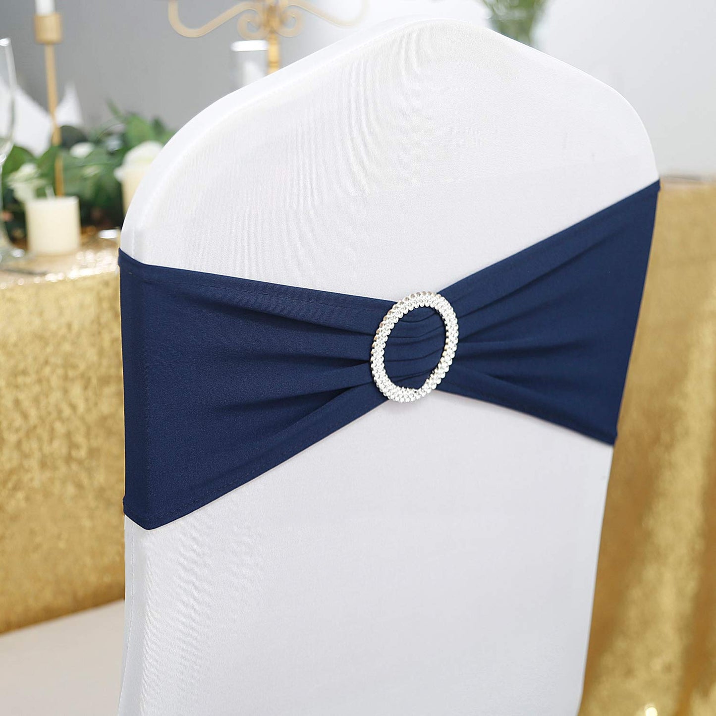Peomeise 100pcs Navy Spandex Chair Sashes with Buckle Slider for Wedding, Party Decoration