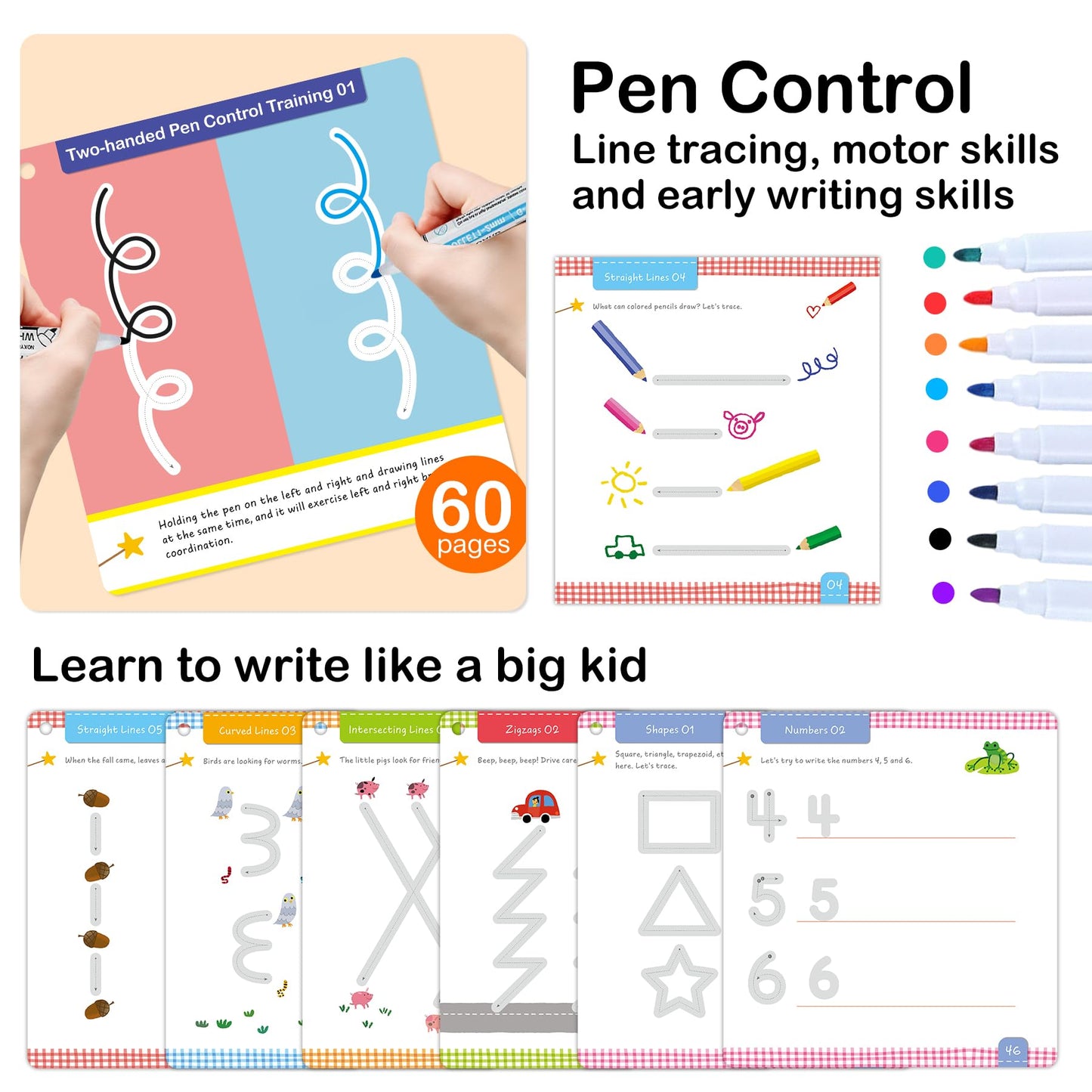 ElitePanda Preschool Learning Activities 60 Dry Erase Pages, Toddler Letter Tracing Books Ages 2 3 4 5, Autism Educational Fine Motor Skill Pre-K Workbook Learning Toy to Write for Kids 3 Year Old