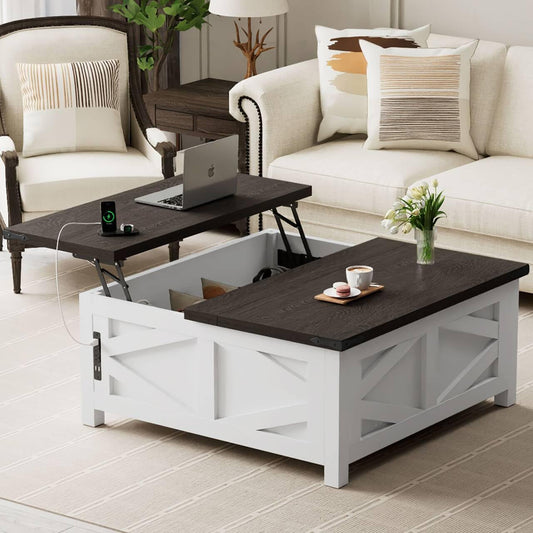 Buytime Farmhouse Lift Top Coffee Table with Storage, Wood Square Center Table with Charging Station, Living Room Table with Large Hidden Space, Rustic White