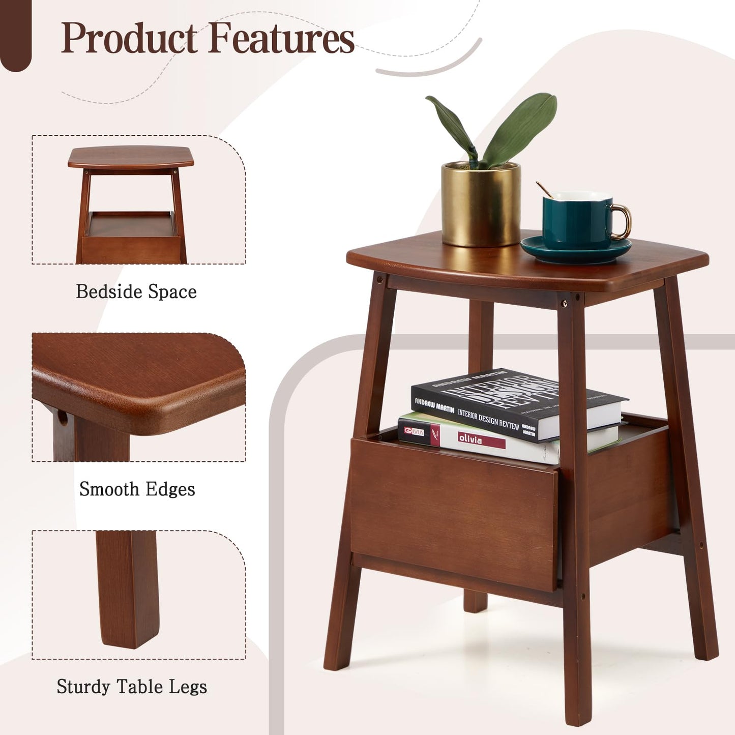 Danrelax Nightstand with Drawer and Storage Shelf, Small Bedside Table for Bedroom, Sturdy & Stylish Brown Bamboo Bed Side Table