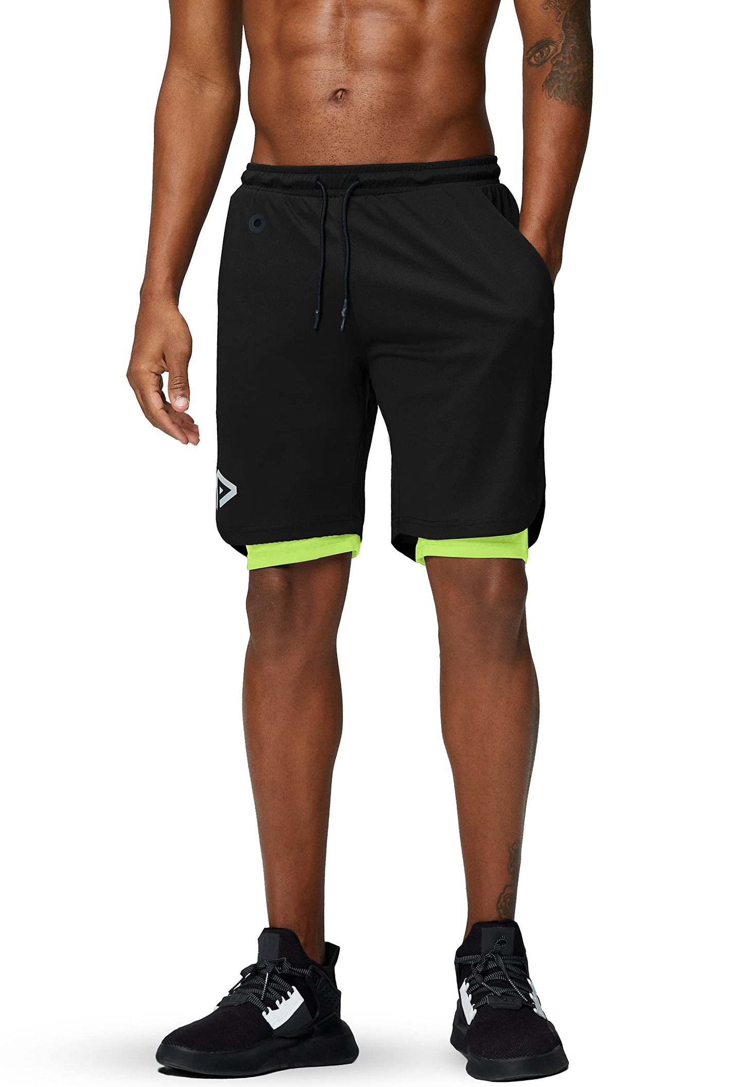 Pinkbomb Men's 2 in 1 Running Shorts Gym Workout Quick Dry Mens Shorts with Phone Pocket (Black&Green, Large)