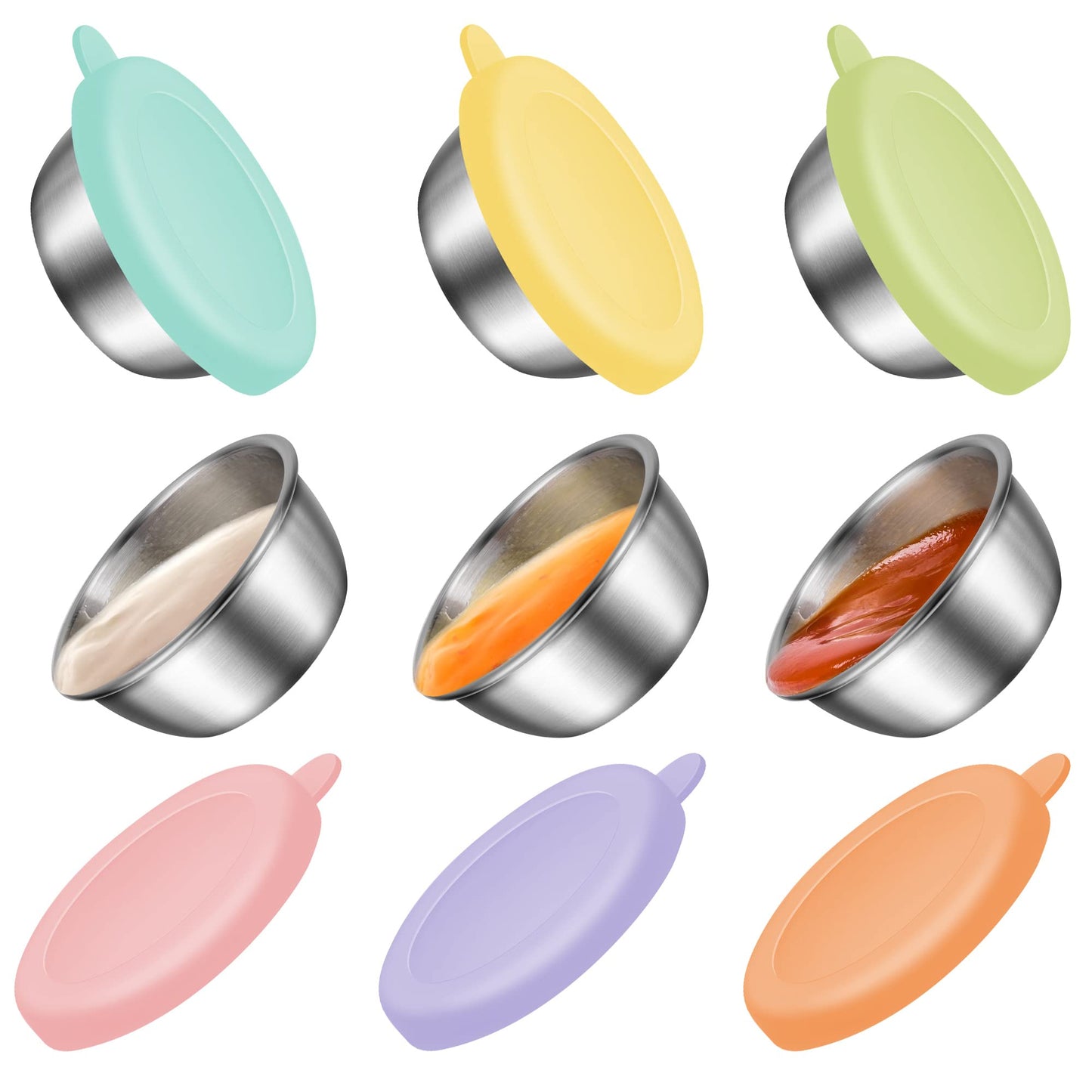 Salad Dressing Container To Go, 6x2.4 oz Small Containers with Lids, Reusable Sauce Containers for Lunch Box, 18/8 Stainless Steel Condiment Cup, Easy to Open, Leakproof Dipping Sauce Cups