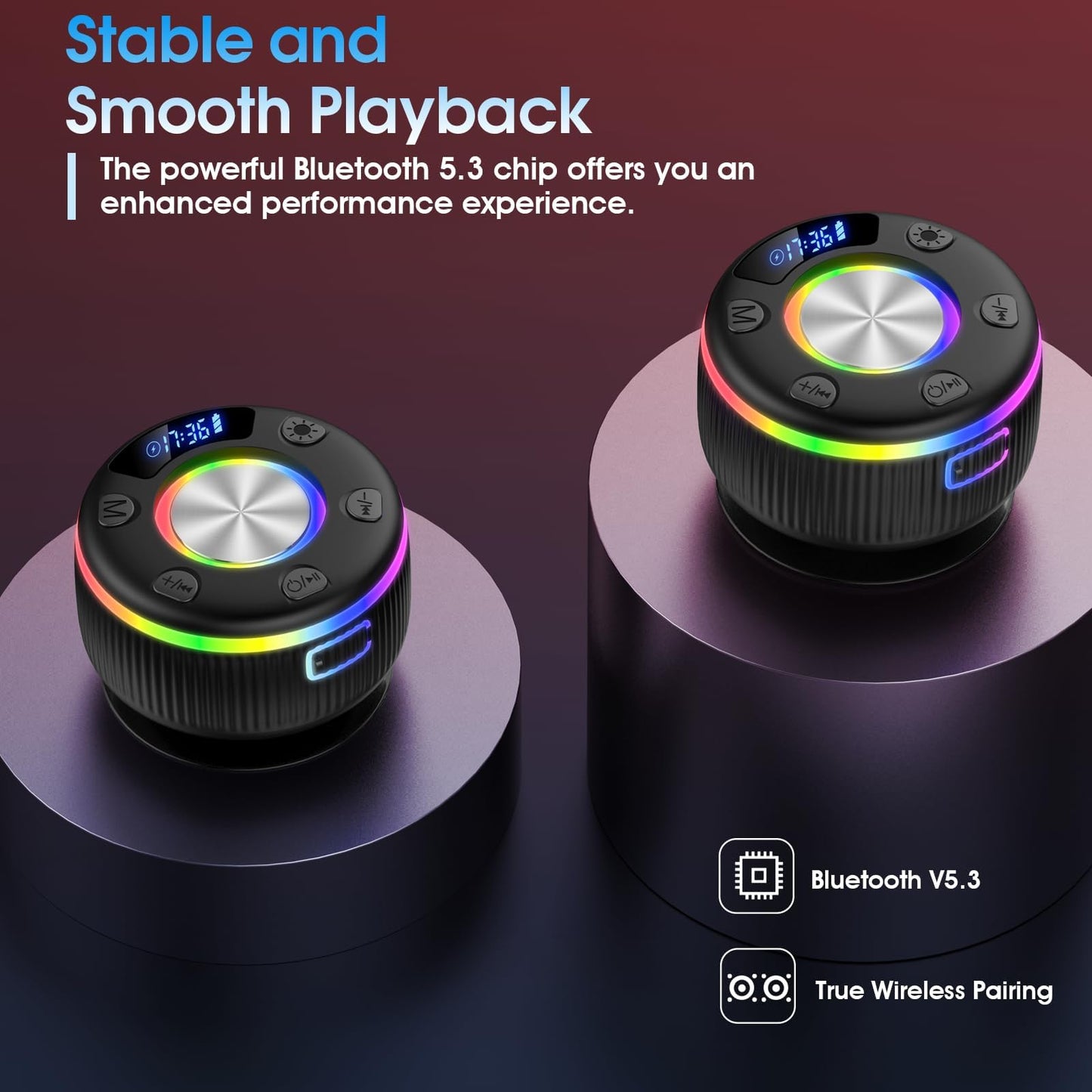 Bluetooth Shower Speaker, IP7 Waterproof Portable Bluetooth 5.3 Speakers with Suction Cup, Mini Wireless Speaker with RGB Lights Time Display, Loud Stereo Sound for Bathroom Beach Travel Outdoor Party