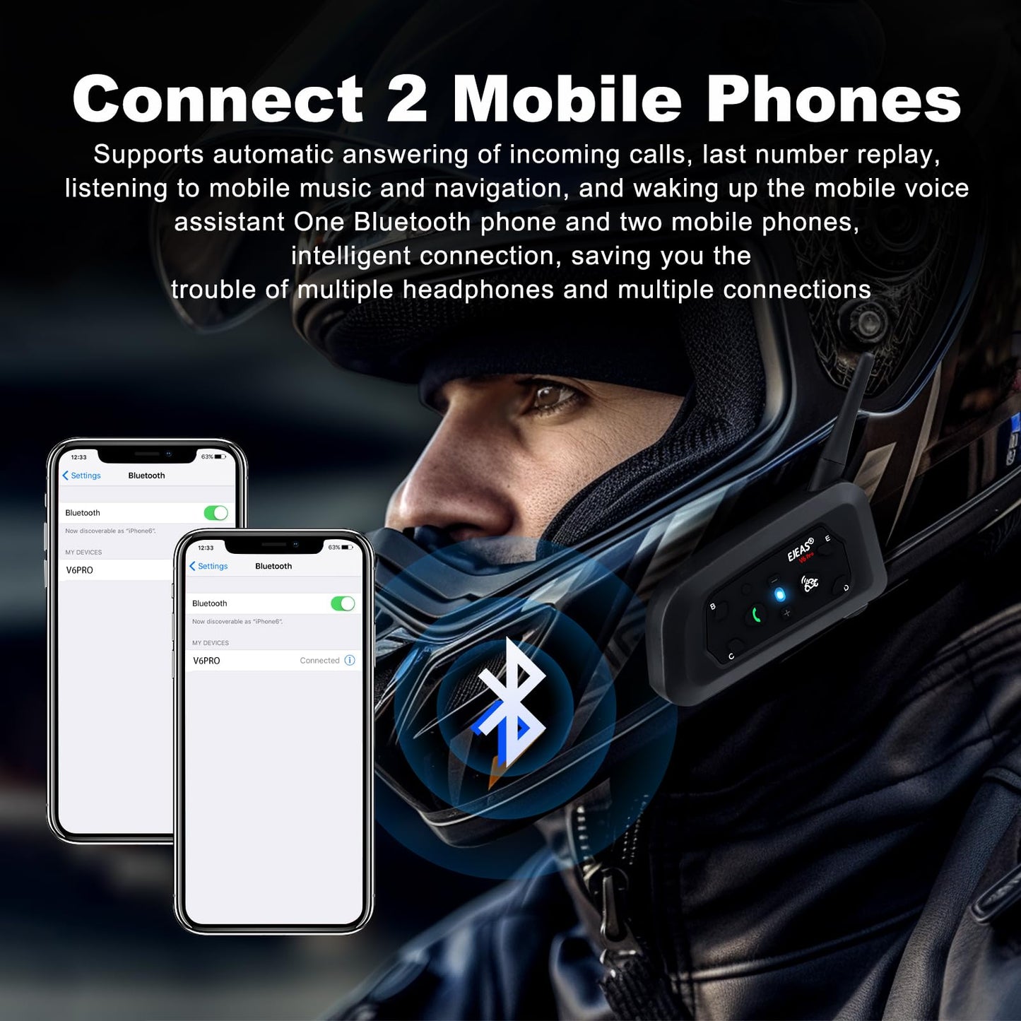 EJEAS V6 Pro Motorcycle Bluetooth Headset, Upgraded 2 Riders Intercom Helmet Communication System with Auto-Answering Call and Noise Reduction for Motorcycling Skiing and Climbing (2 Pack)