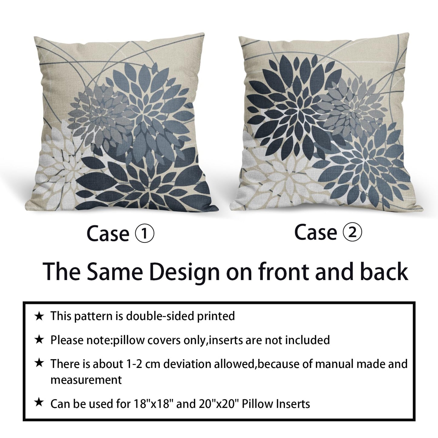 Dusty Blue Flower Pillow Covers 18x18 Grey Gray White Dahlia Floral Spring Decorative Throw Pillows Farmhouse Outdoor Seasonal Decor for Home Sofa Bed Couch Modern Square Cushion Cases, Set of 2