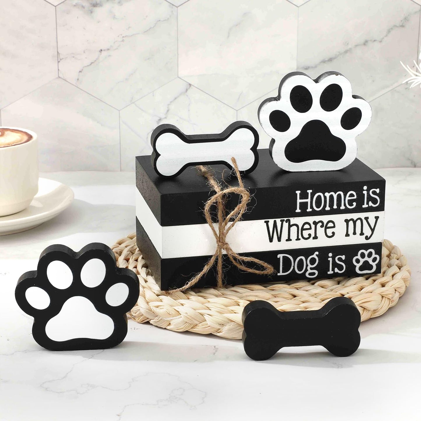 Whaline 7Pcs Dog Wooden Tiered Tray Decor Faux Stacked Books Dog Paw Bone Decorative Table Centerpiece Block Signs for Party Home Room Kitchen Dining Table Shelf Decoration
