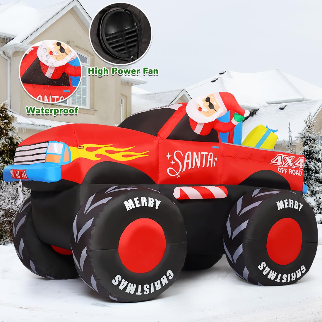 GOOSH 7.5 FT Long Christmas Inflatables Santa Claus Outdoor Decorations Blow Up Yard Snowman with Presents on Truck with Built-in LEDs for Garden Lawn Indoor Party Décor