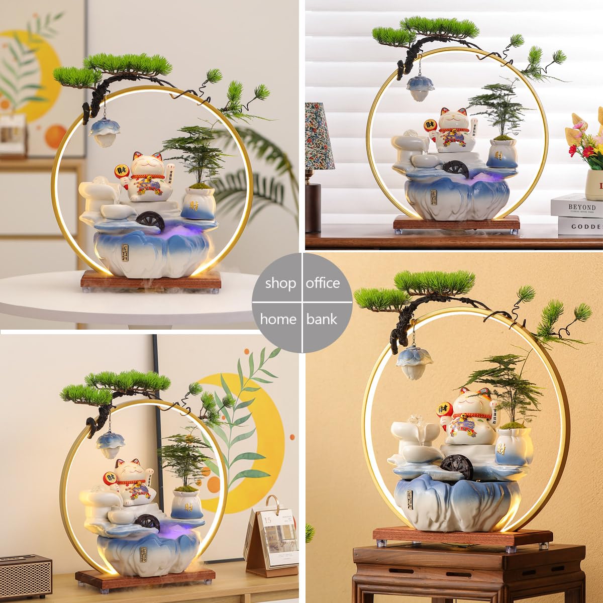 TXYXT Indoor Tabletop Waterfall Fountain with Chinese Ceramic Lucky Cat Waving Arm Figurine，Desktop Mini Water Fountain Decoration，LED Light Ring Backflow Incense Burner for Desk